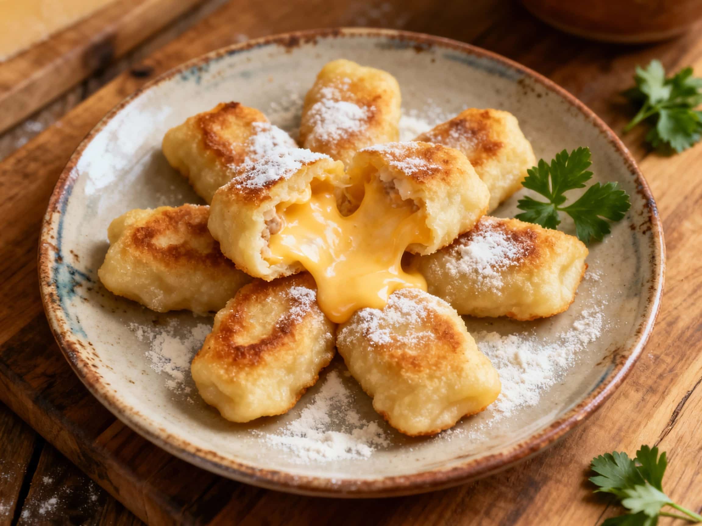 Close-up of golden, butter-glazed cheese-stuffed Polish kluski śląskie dumplings arranged invitingly on a rustic wooden platter, garnished with fresh chives. The soft lighting emphasizes their appealing texture and the melted cheese filling, perfect for a hearty appetizer or side dish.