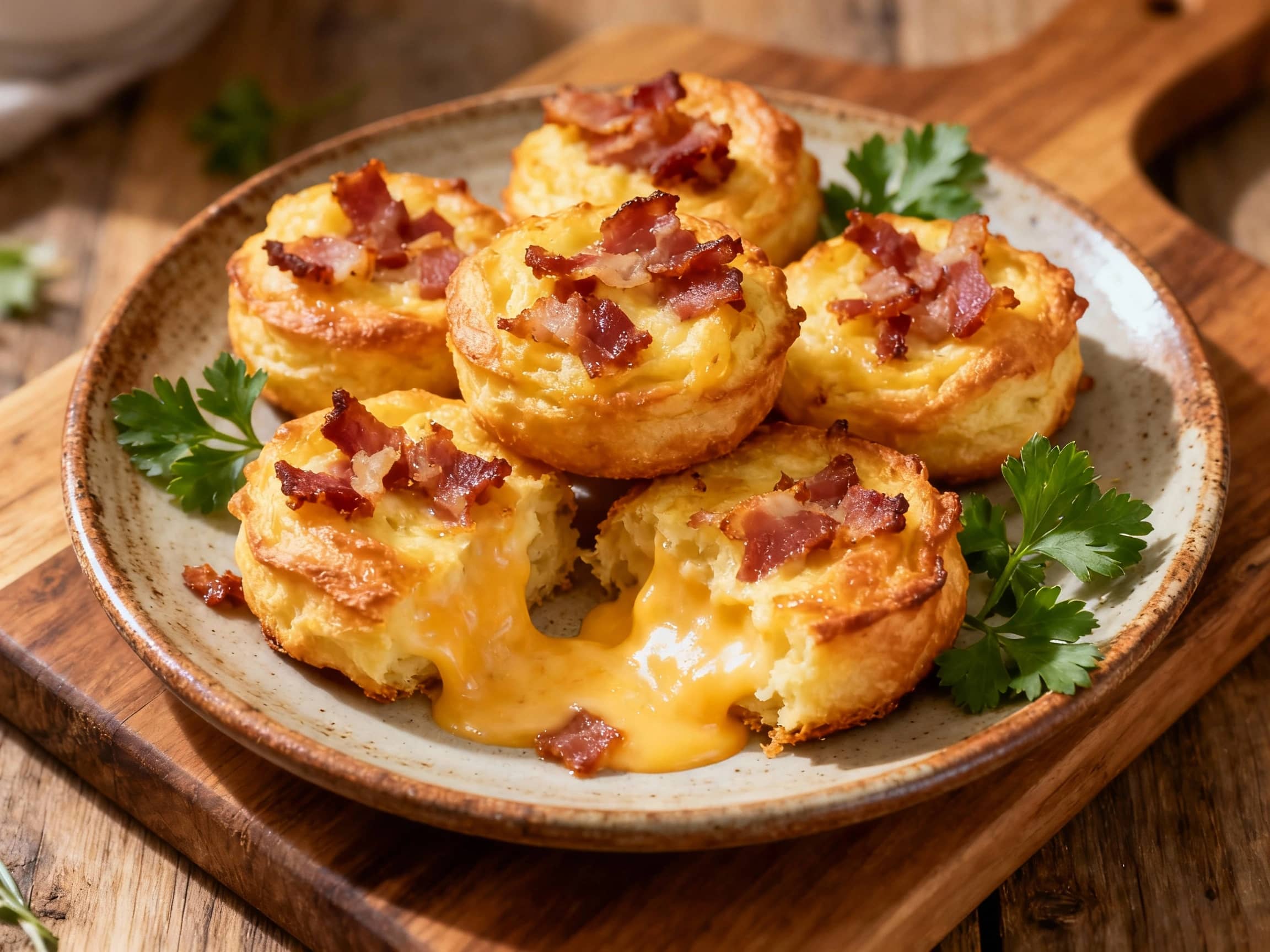 Golden-brown, oven-baked Dauphine puffs are piled high in a rustic basket, glistening with melted cheese and topped with crispy bacon bits for a tempting, savory treat.