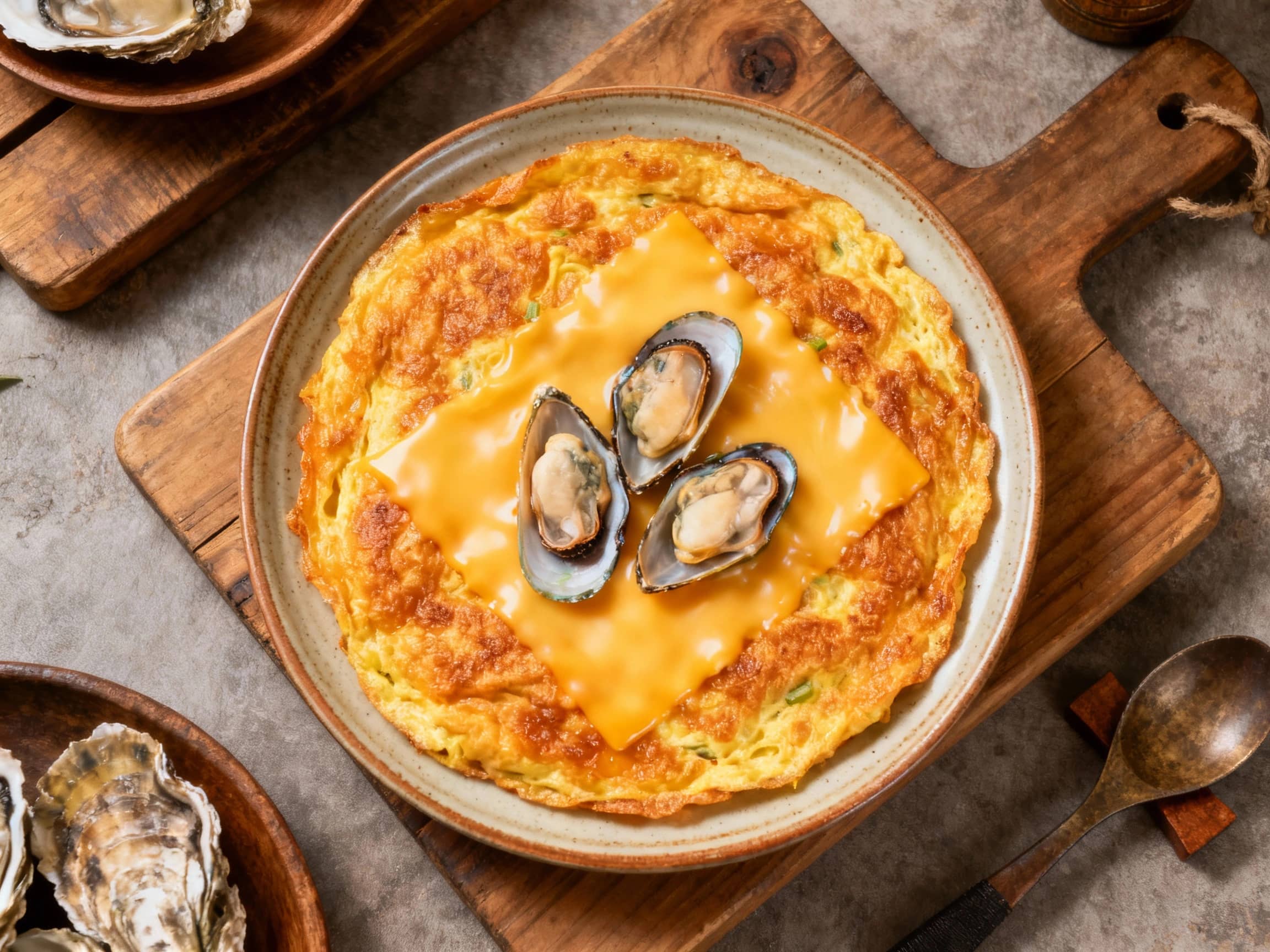 A golden-brown, crispy omelet filled with plump oysters and melted cheese is served on a white plate, glistening under warm light, ready to be enjoyed.
