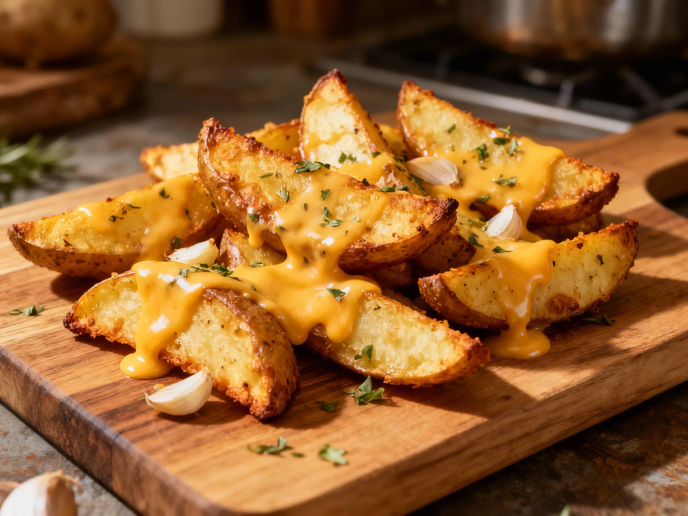 Golden-brown potato wedges, generously topped with melted cheese and fresh green herbs, are piled high on a rustic serving board, inviting a savory bite.