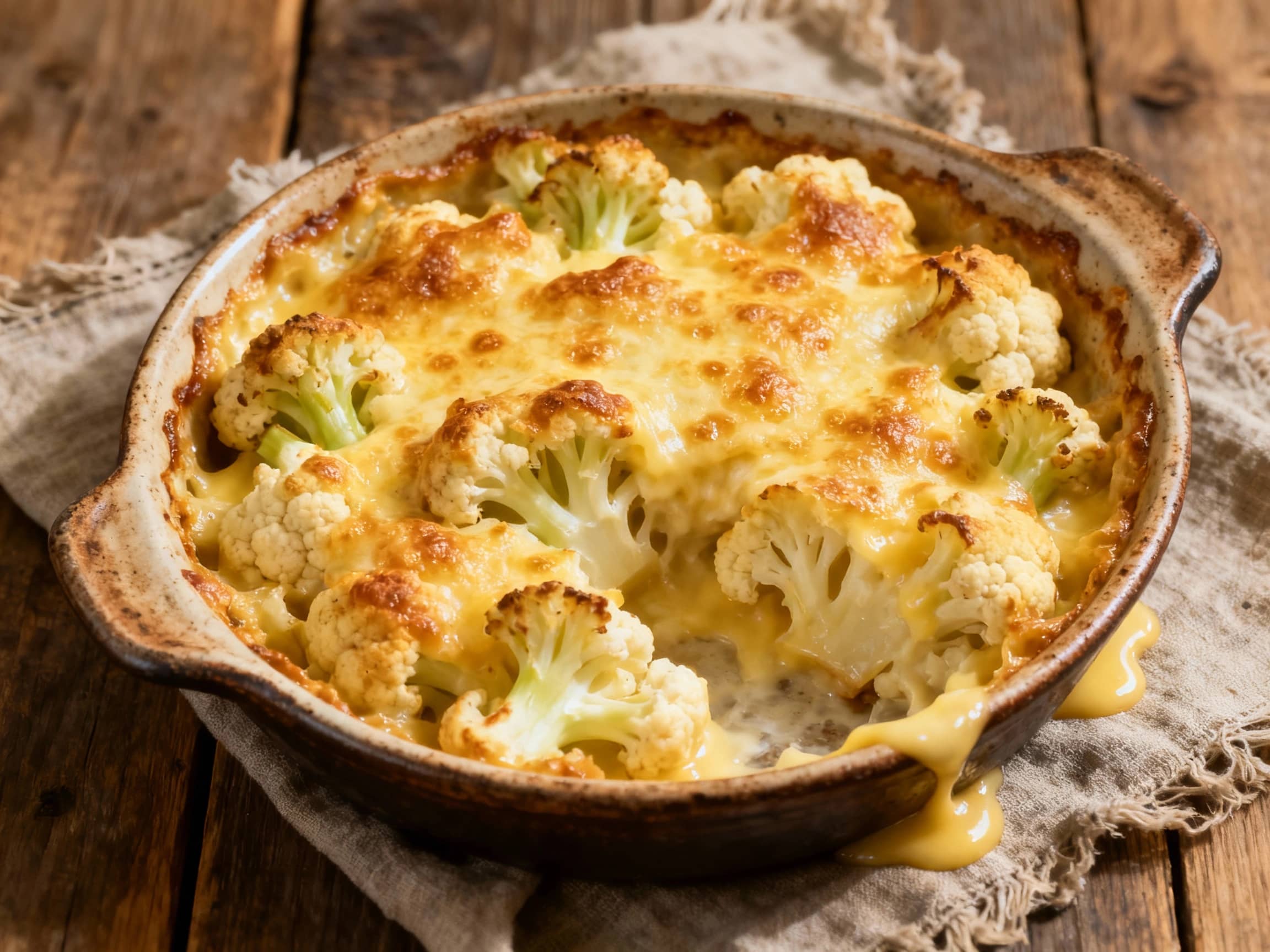 Golden-brown cauliflower florets bake under a bubbling, cheesy crust, glistening in the warm light for a comforting gratin.