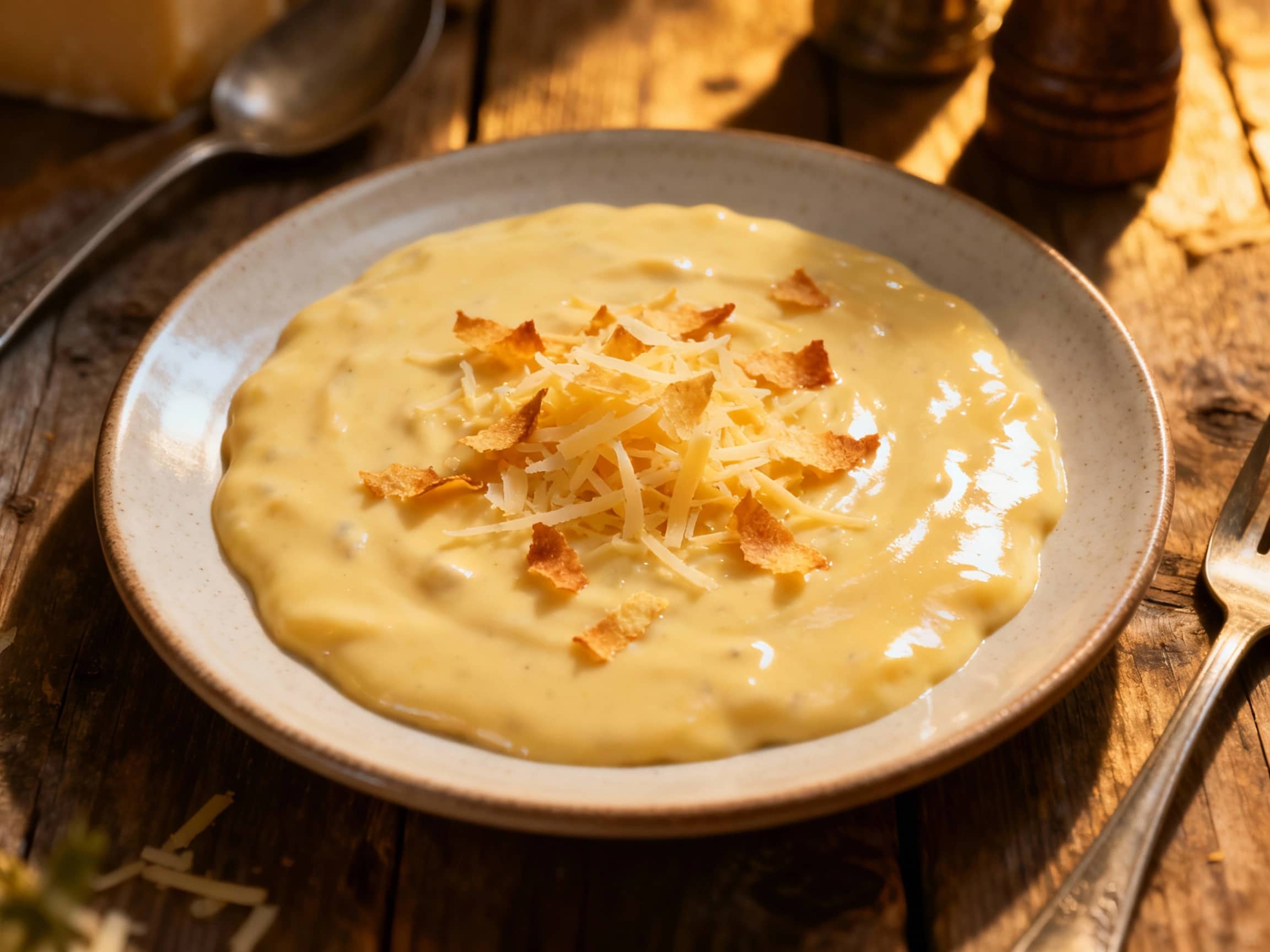 A creamy, golden-yellow Gruyère Mornay sauce, glistening under soft light, is ready to be served with a sprinkle of fresh chives, promising rich, cheesy goodness.