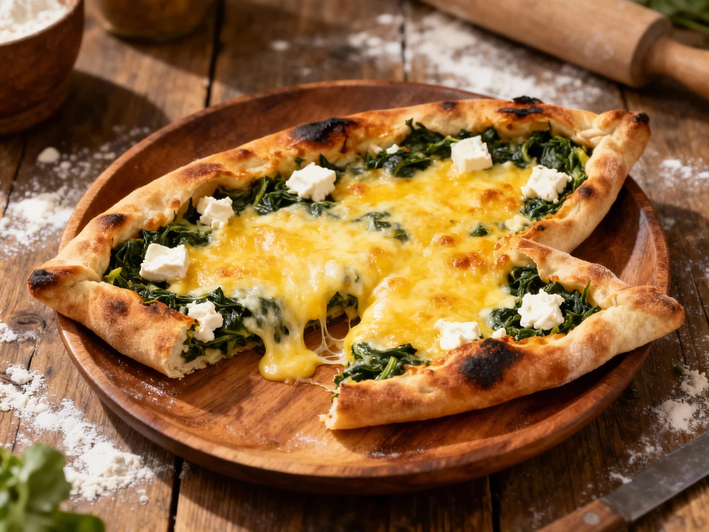 A golden-brown, boat-shaped Turkish pide is generously topped with melted cheese, vibrant green spinach, and crumbled white feta, ready to be sliced and enjoyed.