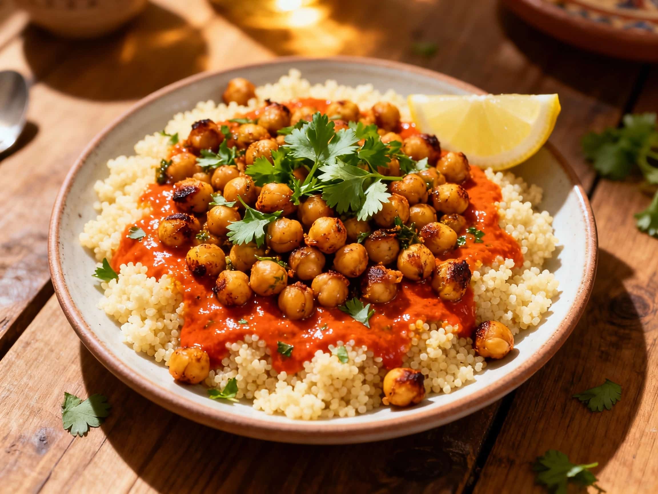 An overhead shot of a colorful bowl featuring fluffy couscous as the base. Abundantly piled on top are crispy, golden-brown chickpeas coated in a rich chermoula seasoning. Freshly chopped cilantro and parsley are sprinkled over the chickpeas, adding a verdant contrast. A creamy, pale yellow lemon-tahini drizzle zig-zags across the dish, suggesting a tangy and nutty flavor. Two bright yellow lemon