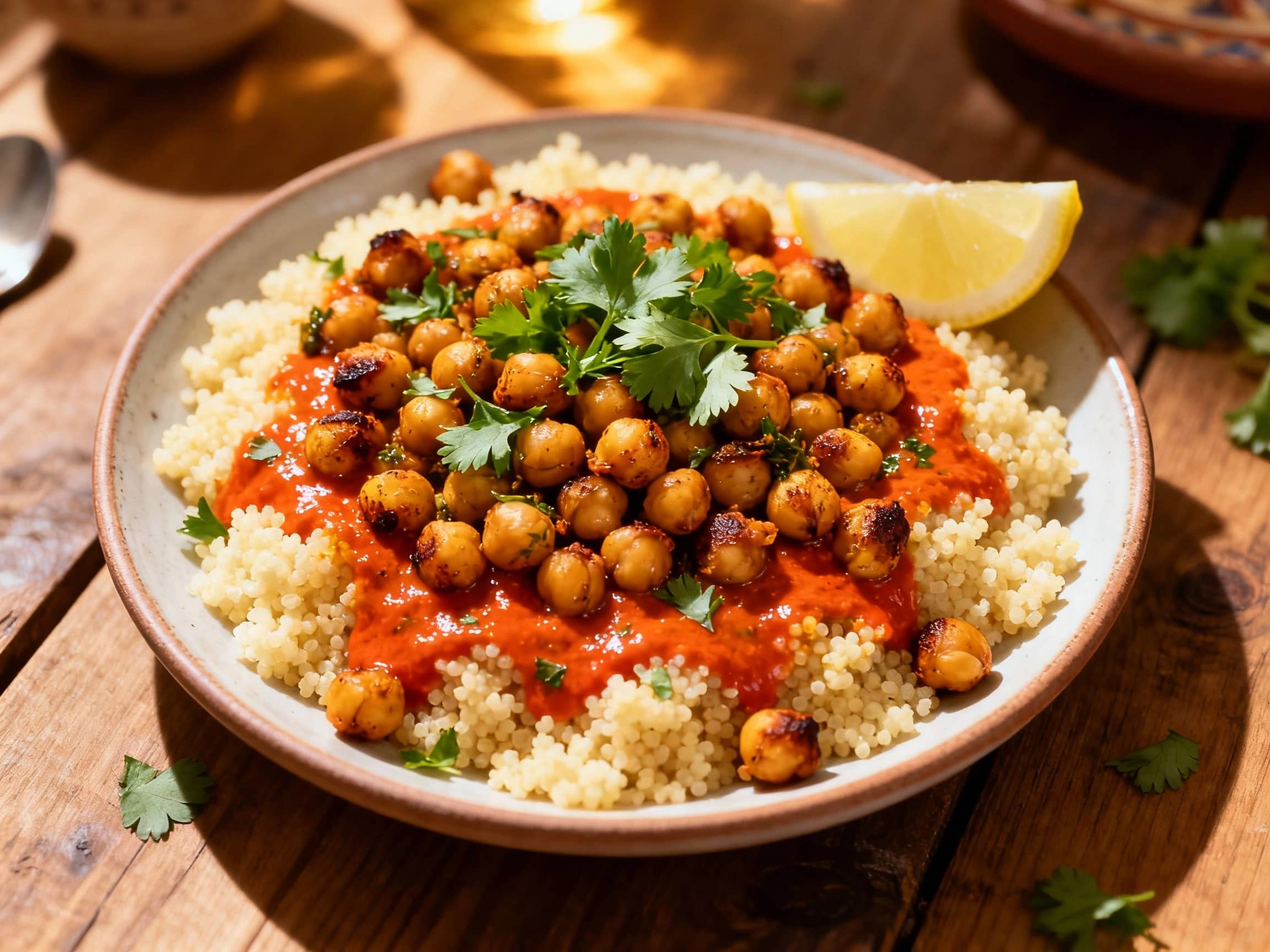 An overhead shot of a colorful bowl featuring fluffy couscous as the base. Abundantly piled on top are crispy, golden-brown chickpeas coated in a rich chermoula seasoning. Freshly chopped cilantro and parsley are sprinkled over the chickpeas, adding a verdant contrast. A creamy, pale yellow lemon-tahini drizzle zig-zags across the dish, suggesting a tangy and nutty flavor. Two bright yellow lemon