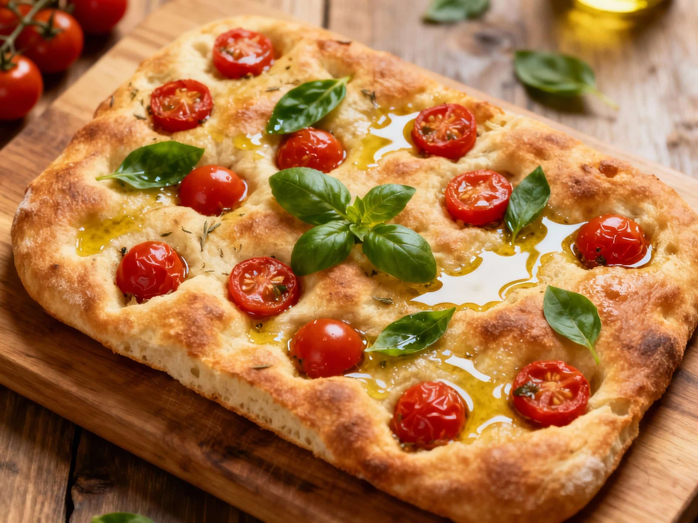 A golden-brown focaccia bread is topped with bright red cherry tomatoes, fresh green basil leaves, and a glistening drizzle of olive oil, ready to be sliced and enjoyed.