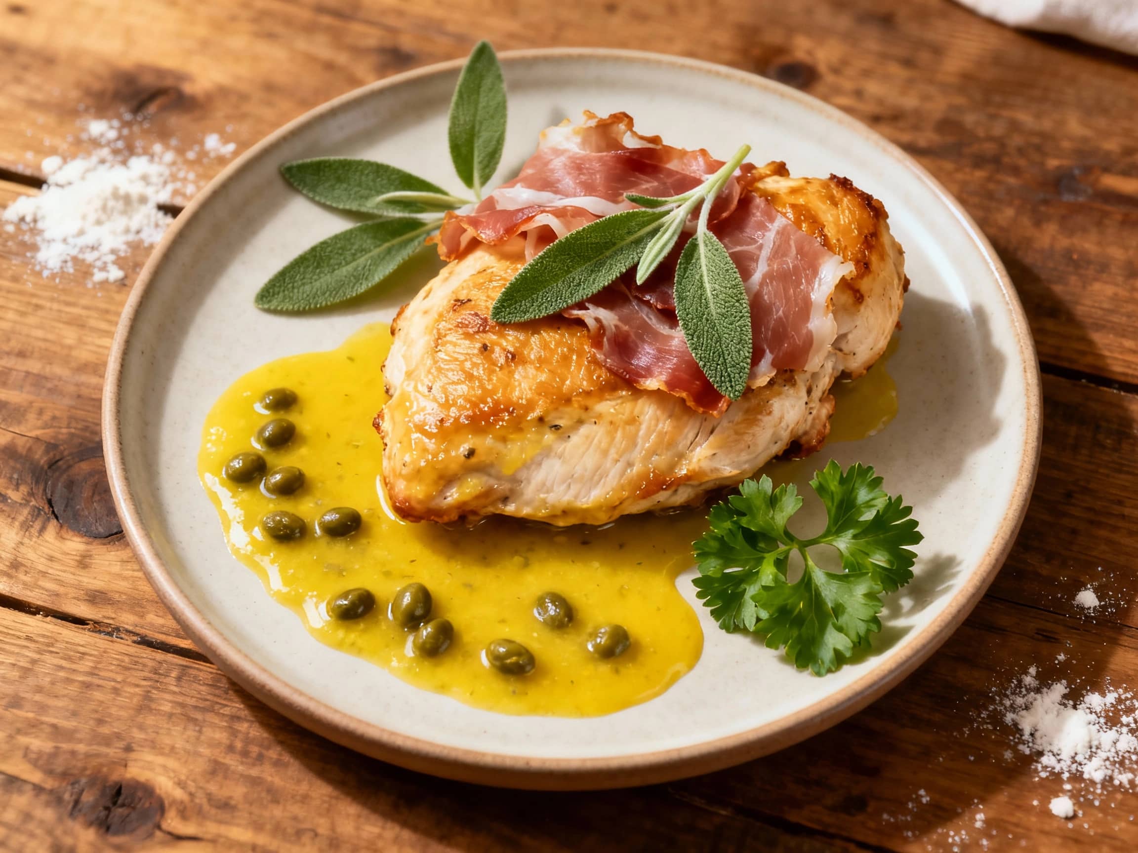 Golden-brown chicken cutlets topped with prosciutto and fresh sage sit in a bright lemon caper sauce, ready to be served for a delicious meal.