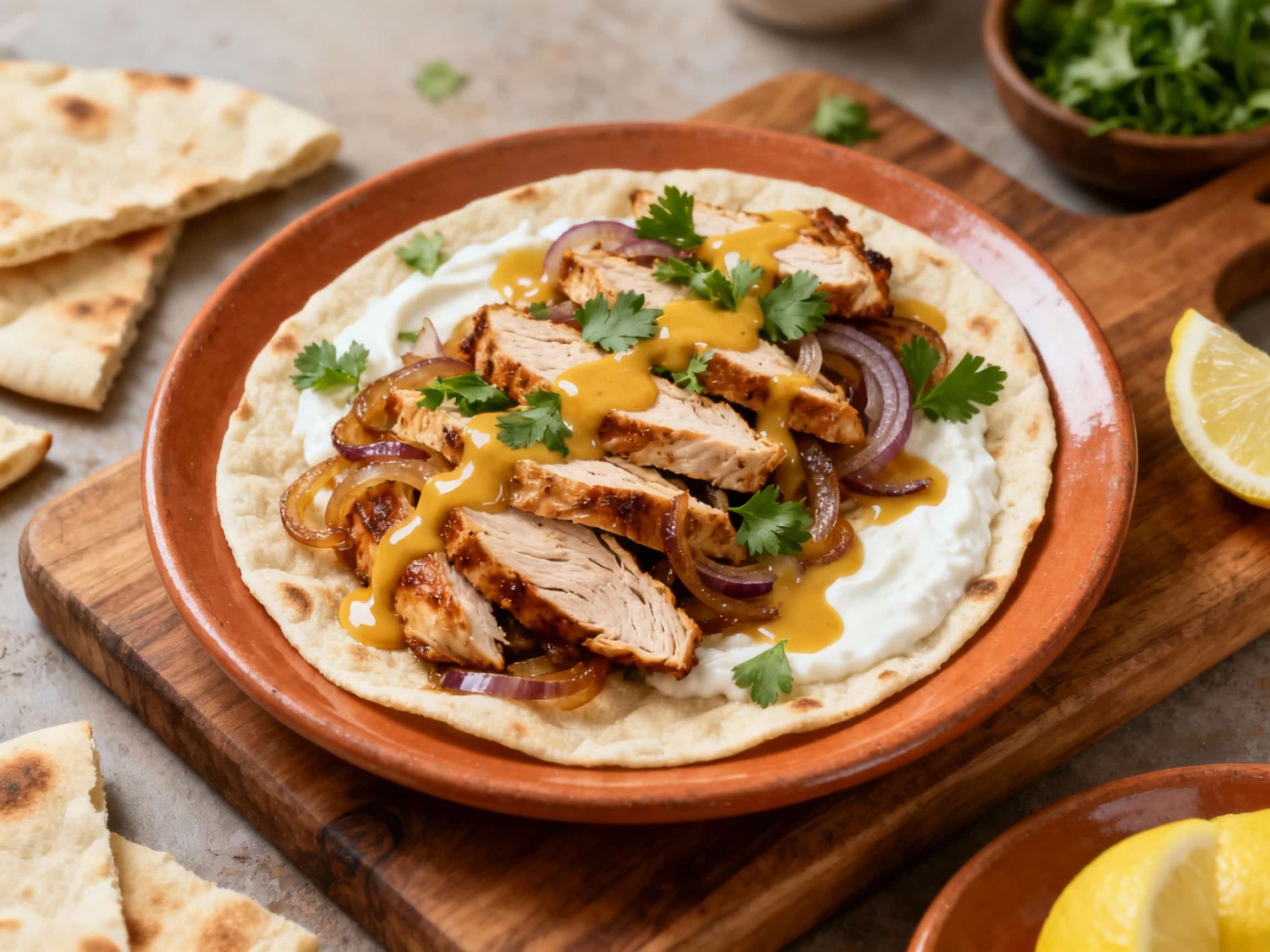 A delicious chicken shawarma doner kebab sits on a plate, bathed in warm light, with tahini drizzled over the top and fresh parsley scattered around for a vibrant finish.