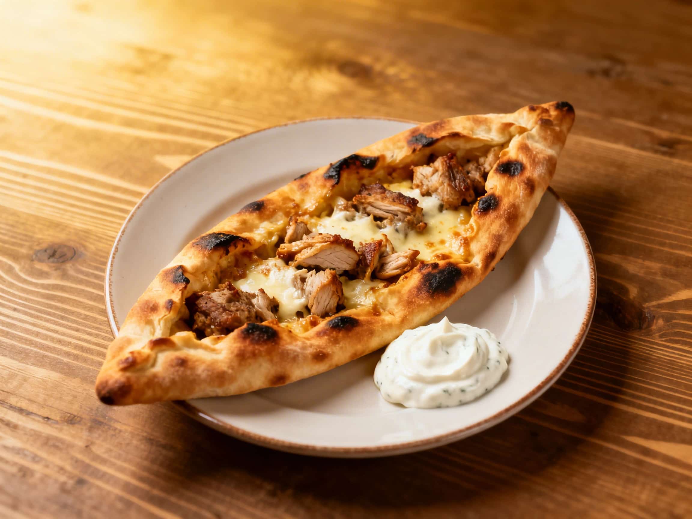 A freshly baked, boat-shaped Turkish pide, golden-brown and steaming, rests on a rustic wooden table. It's abundantly topped with tender, grilled chicken shish, colorful slices of red and green bell peppers, and bright red tomatoes. A creamy white garlic yogurt sauce, speckled with green herbs, is drizzled generously over the entire dish, creating a tempting visual contrast. The scene captures the