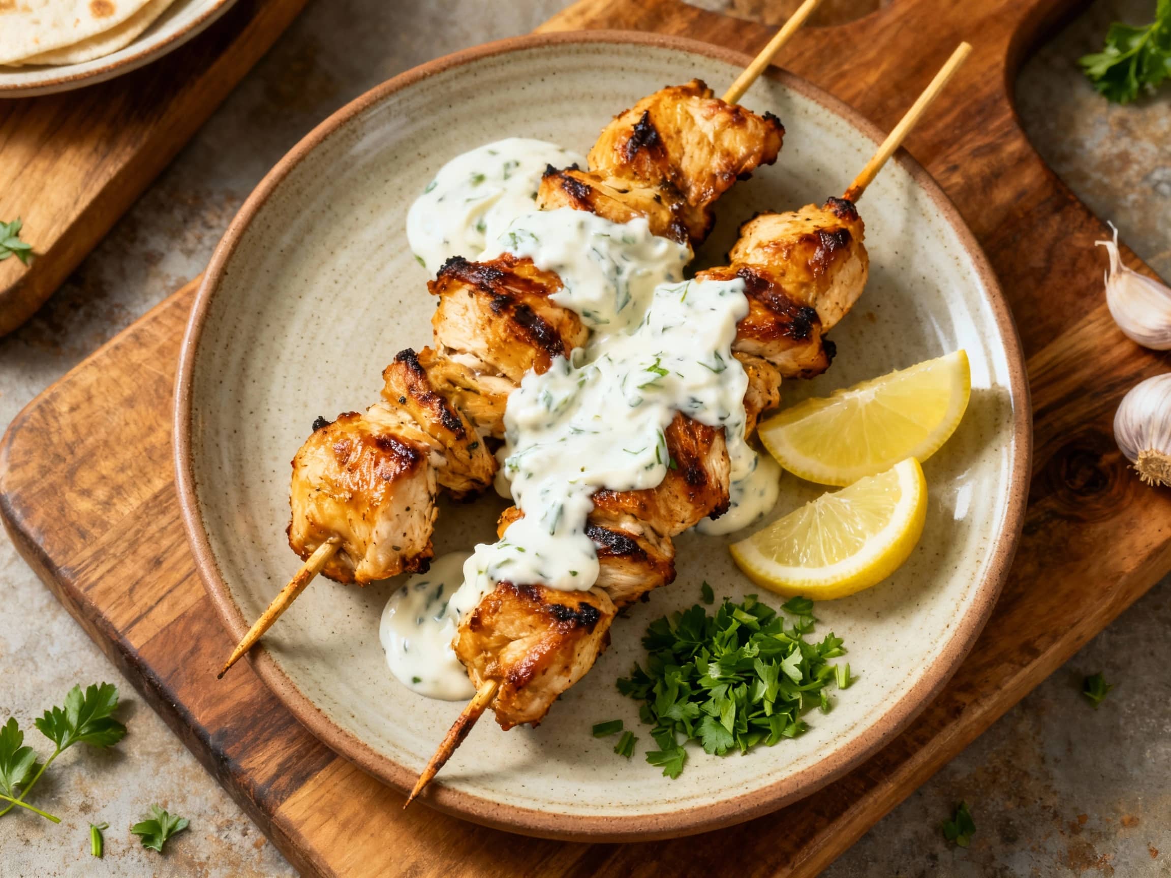 Tender, charred chicken souvlaki skewers, glistening with garlic-yogurt marinade, are artfully arranged on a platter, ready to be enjoyed in a warm, inviting setting.