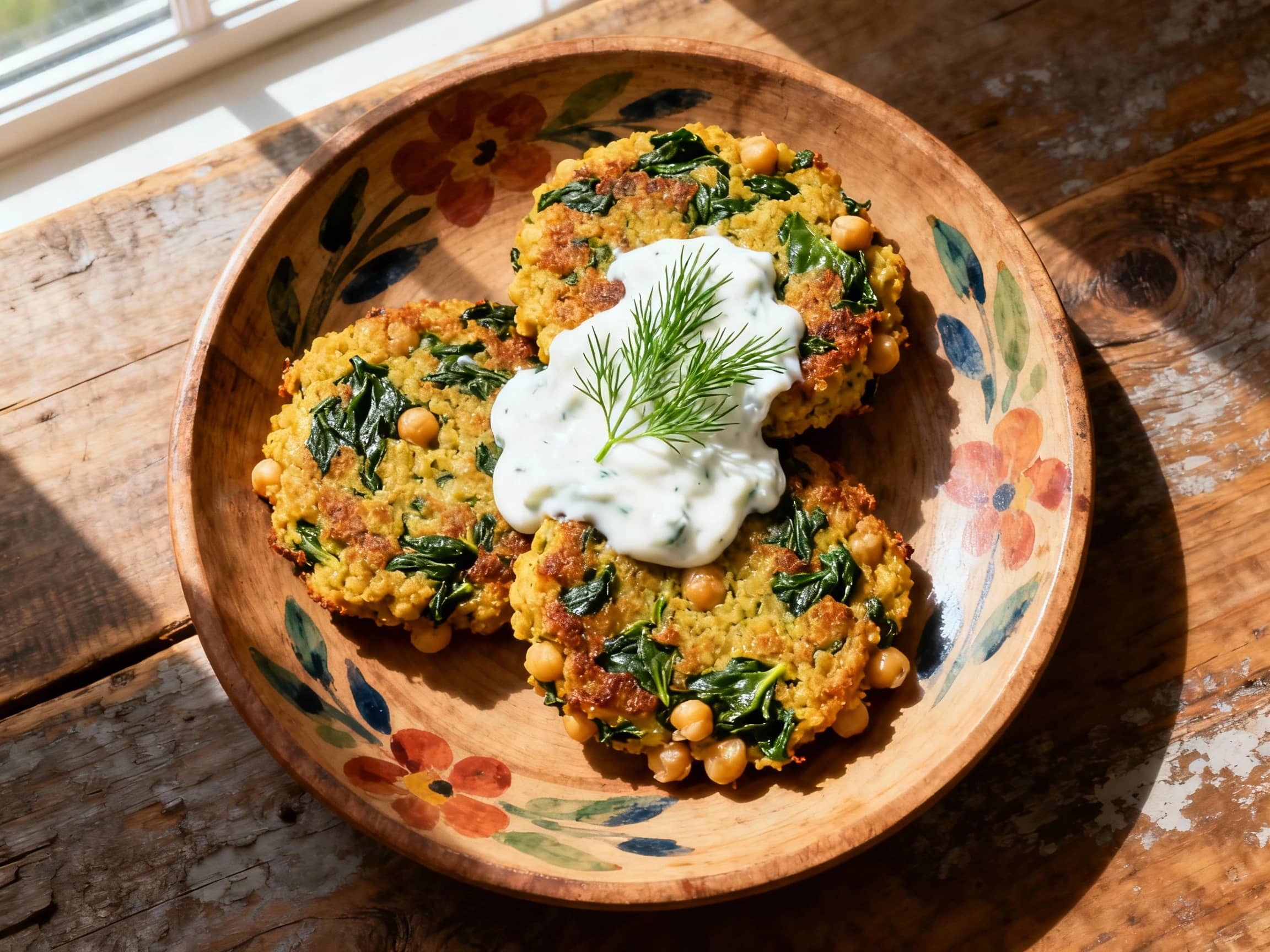 Golden-brown chickpea and spinach patties rest on a bed of fresh greens, drizzled with a creamy dill yogurt sauce and sprinkled with vibrant dill sprigs under warm lighting.