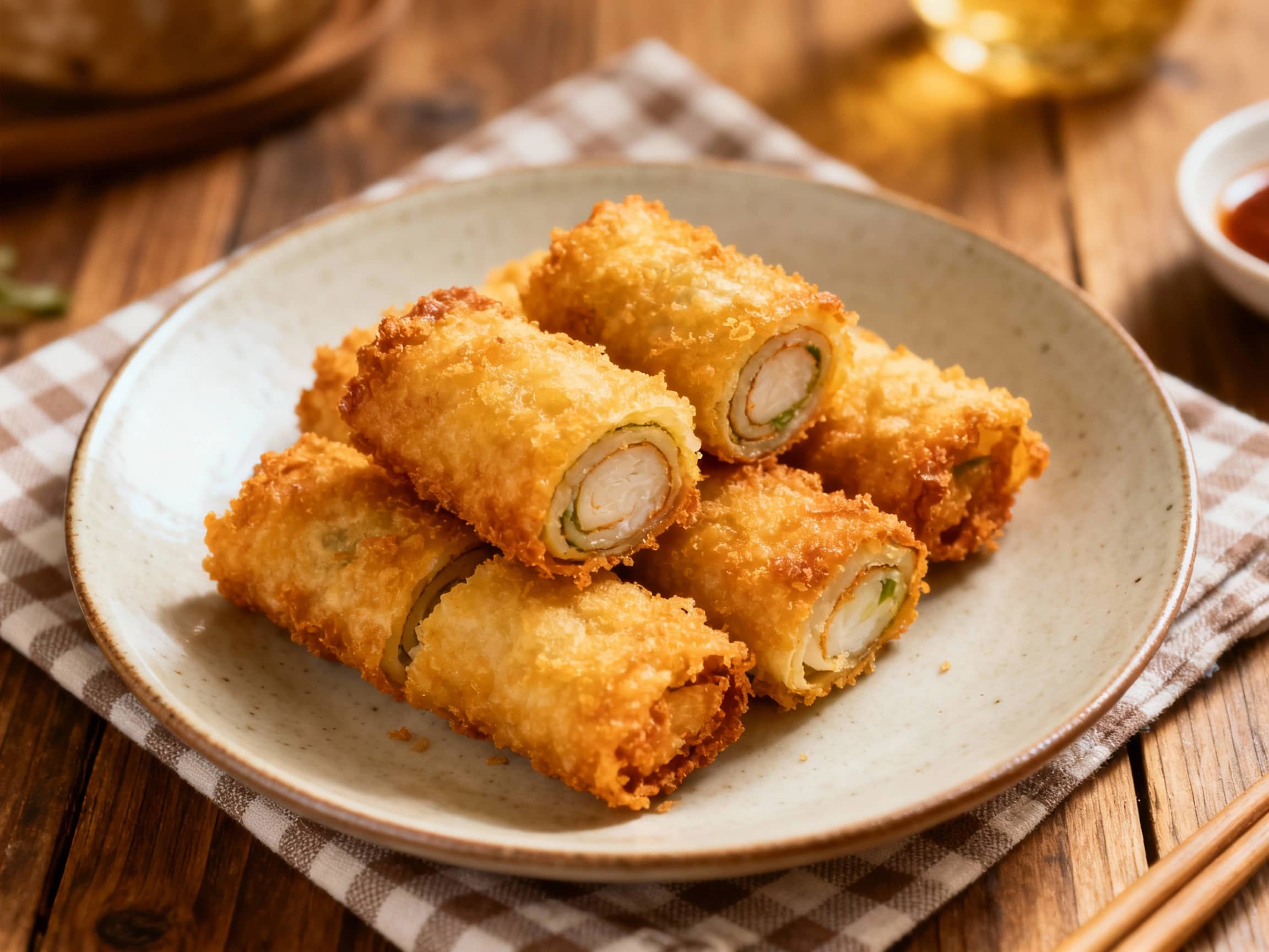 Golden brown chiko roll fritters are artfully arranged on a rustic wooden board, garnished with fresh parsley and a side of sweet chili sauce.