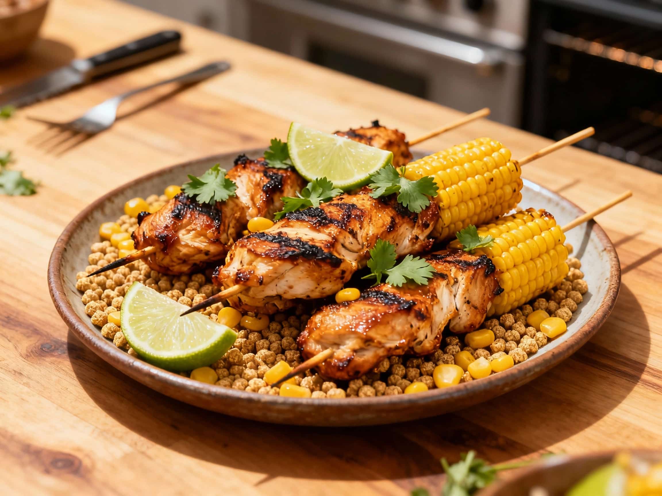 Juicy chicken and sweet corn pieces grilled on skewers with a smoky chipotle lime glaze glisten under warm light, promising a flavorful, slightly charred bite.
