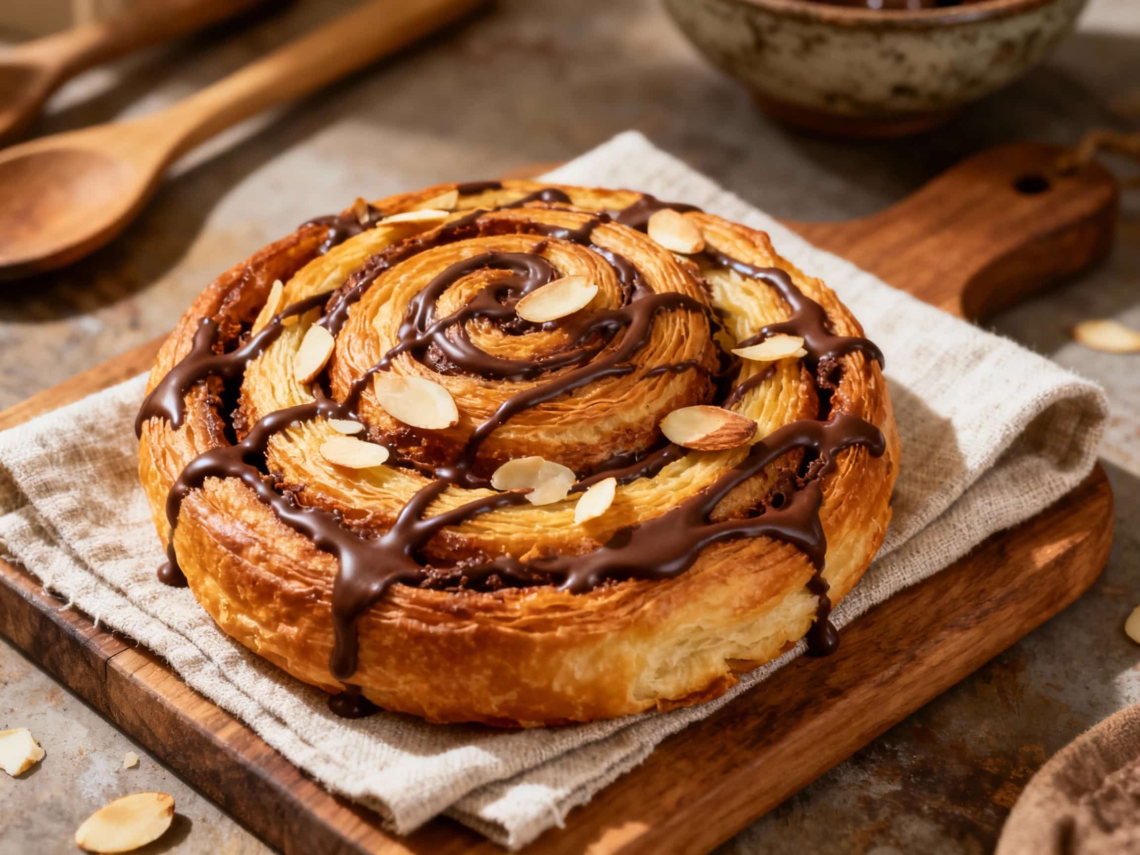 Golden-brown, flaky croissant dough is swirled with rich chocolate and chopped almonds, baked into appealing scrolls and dusted with powdered sugar.