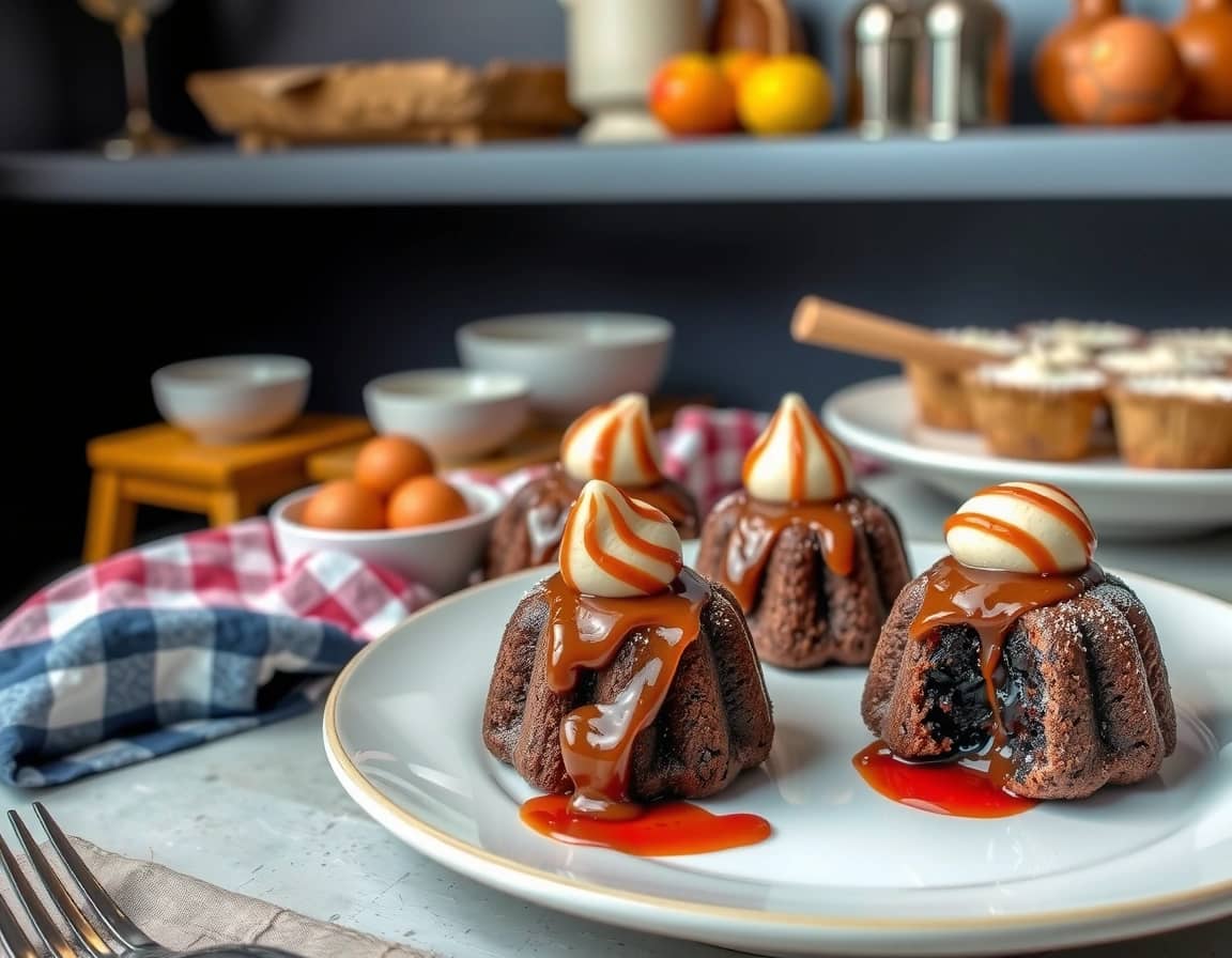 Golden-brown, deeply caramelized cannelés with a dark chocolate drizzle, lightly dusted with powdered sugar, sit elegantly on a rustic wooden board.