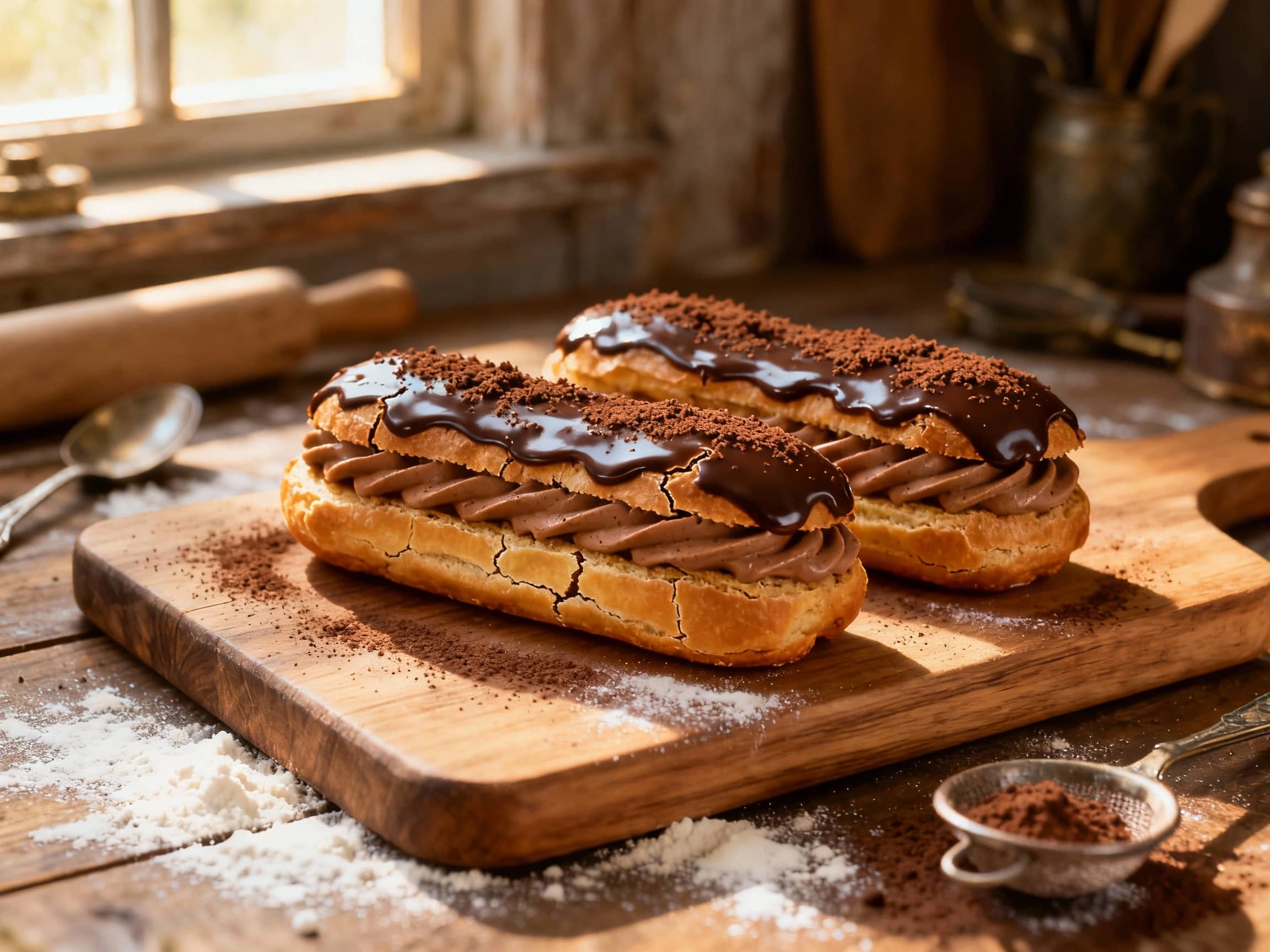Rich chocolate eclairs filled with a creamy coffee mousse, dusted with cocoa powder, and artfully arranged on a white serving platter, ready to be enjoyed.