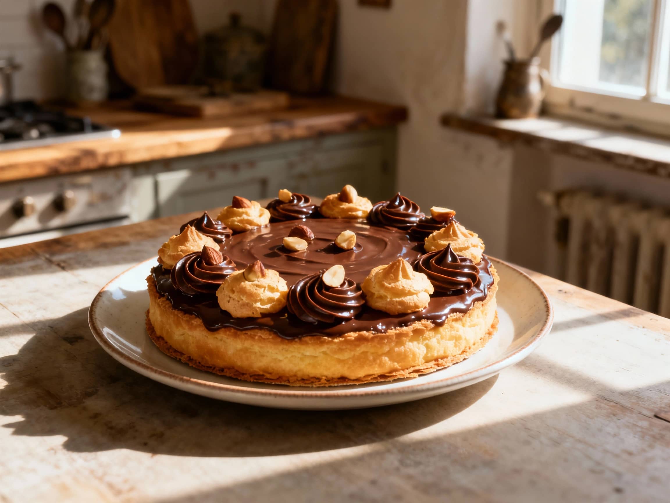 An opulent chocolate hazelnut Saint-Honoré cake sits on a white pedestal, adorned with glossy ganache, caramelized pecans, and delicate chocolate curls, bathed in soft, warm light.