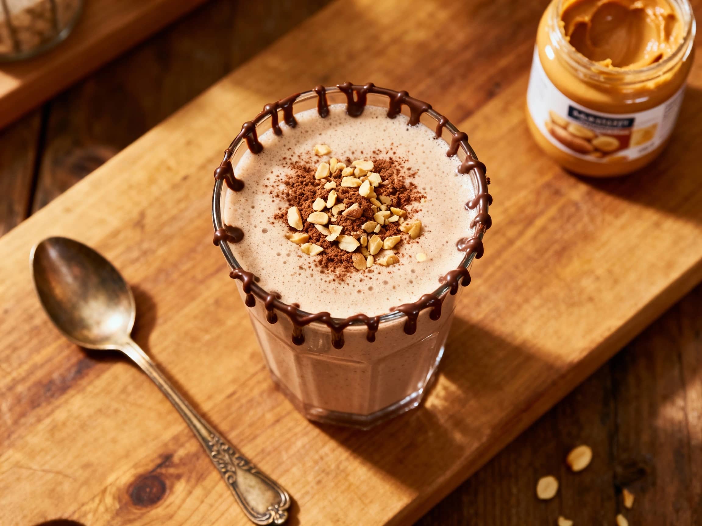 A tall glass brimming with a luscious, dark brown chocolate peanut butter protein shake. Its thick, velvety texture is crowned with a glossy drizzle of chocolate syrup and a scattering of tiny, crunchy peanut pieces. The beverage sits on a minimalist white surface, exuding a sense of healthy indulgence and rich flavor for a satisfying treat.