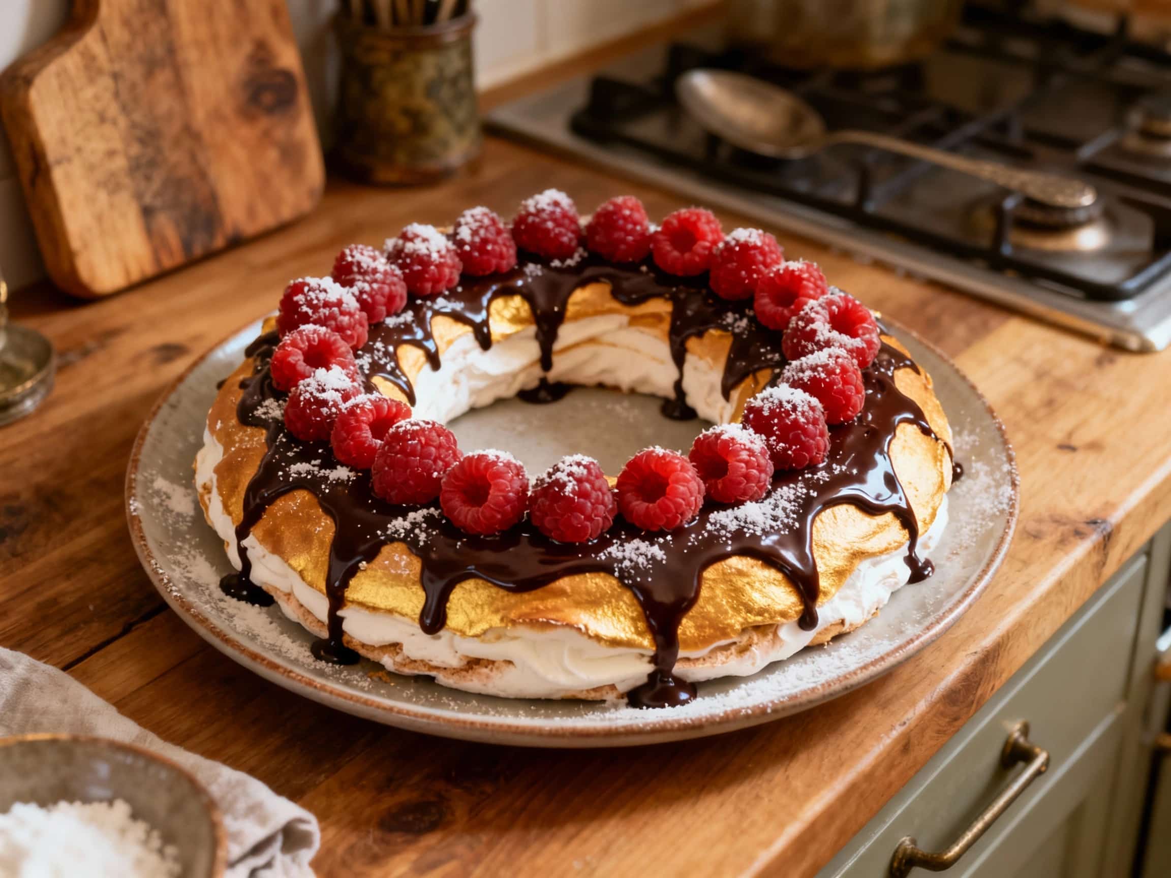 A stunning chocolate raspberry pavlova wreath, dusted with powdered sugar and topped with fresh berries, sits elegantly on a white cake stand, ready to be enjoyed.