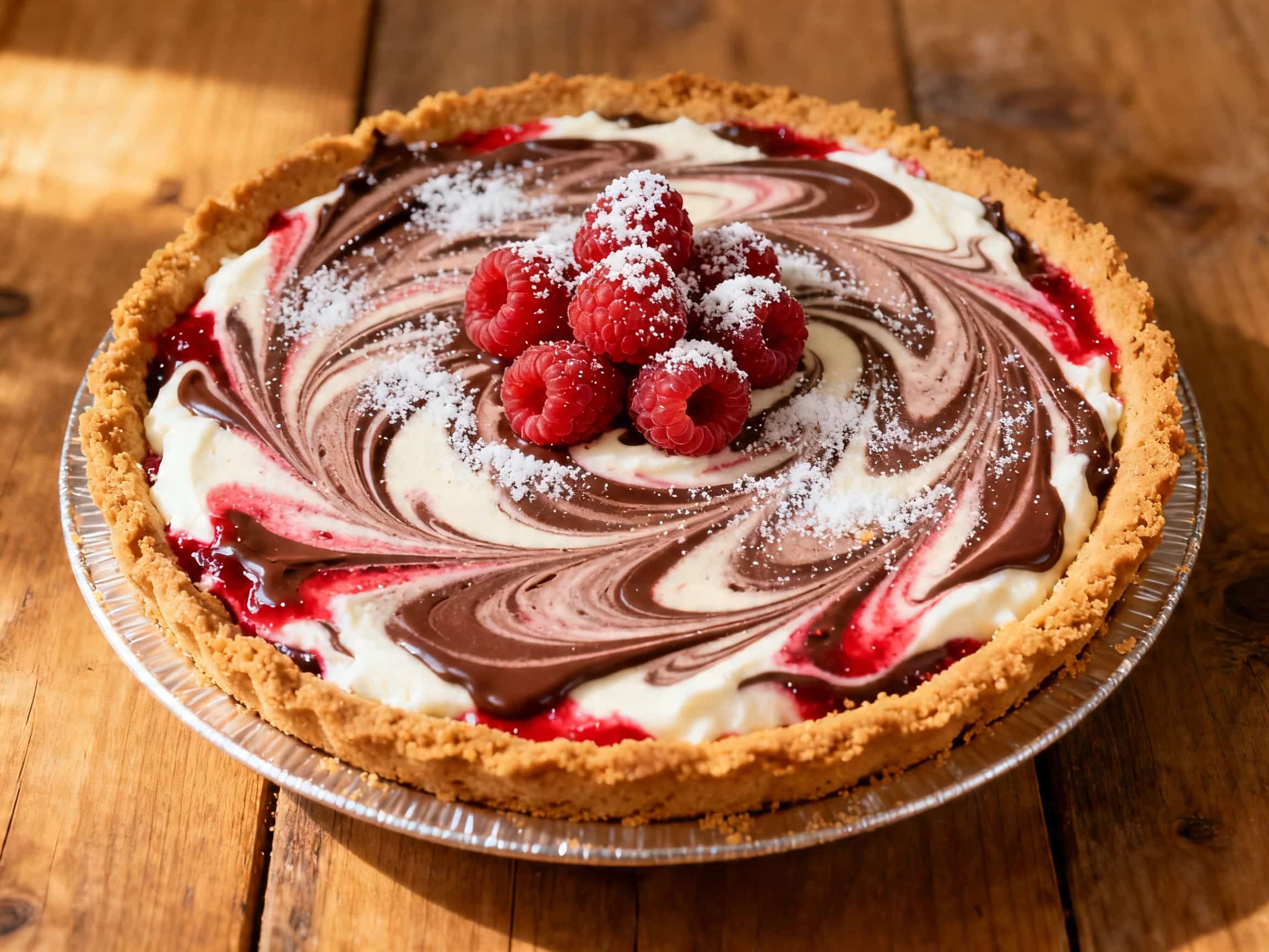 A triangular slice of Chocolate Raspberry Swirl Frozen Yogurt Pie sits on a white ceramic plate. The pie has a golden brown graham cracker crust. The creamy white frozen yogurt filling is visibly swirled with deep reddish-purple raspberry coulis and rich, dark chocolate. The pie looks firm and cold, with a smooth texture from the frozen yogurt and a slight crumbly appearance on the crust. The pres