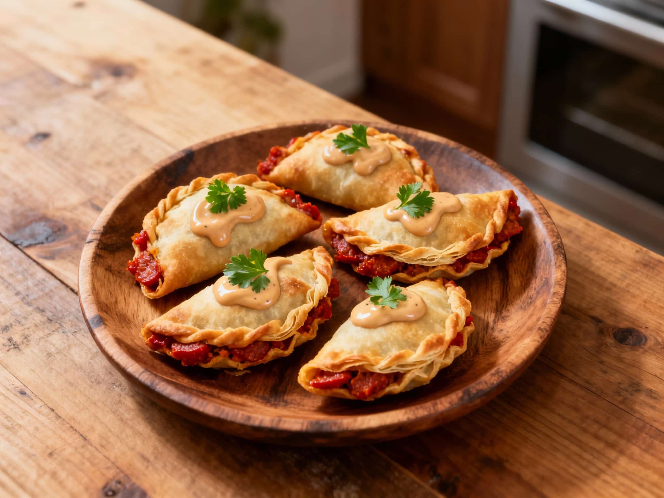 A close-up of beautifully baked golden-brown mini empanadas, meticulously arranged on a wooden board. Each empanada boasts a perfectly crimped edge, and a creamy, smoky aioli is delicately drizzled over some, with a small bowl of aioli nearby for dipping. The setting is warm and rustic, evoking a Spanish tapas bar, highlighting the appetizer's appealing texture and vibrant colors, ready to be enjo