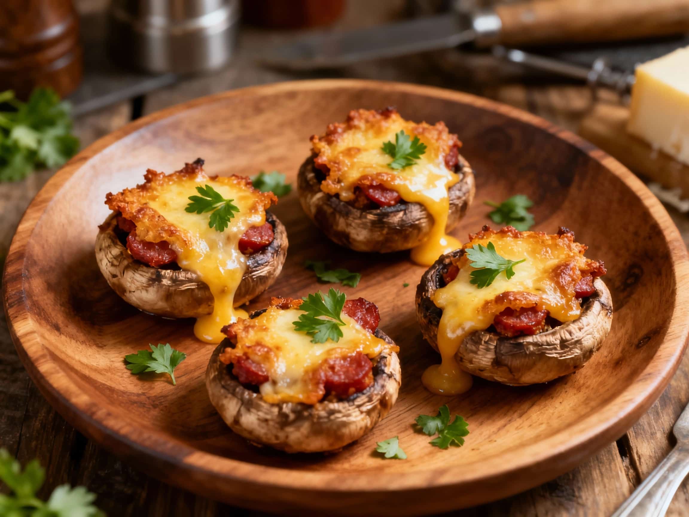 Juicy mushrooms, generously stuffed with savory chorizo and nutty Manchego cheese, are baked to perfection then sprinkled with fresh parsley for a vibrant finish.