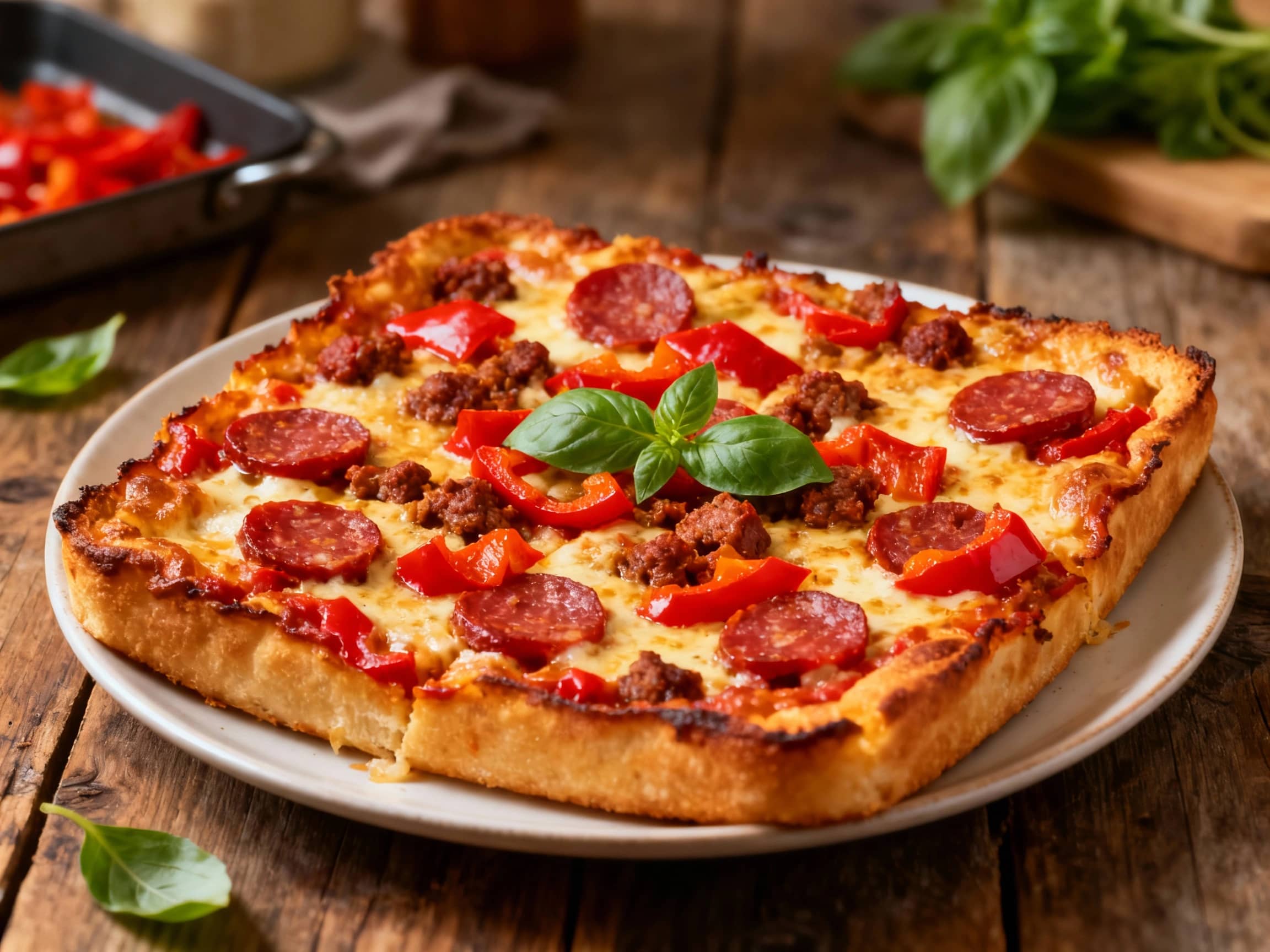 A close-up, overhead view of a freshly baked Detroit-style pizza, artfully topped with spicy red chorizo and bright roasted red peppers. The corners showcase the signature golden-brown, crispy cheese crust that makes this style so distinctive. Melted white mozzarella and provolone cheese bubble enticingly, holding the colorful toppings in place, with hints of red tomato sauce peeking through. It r