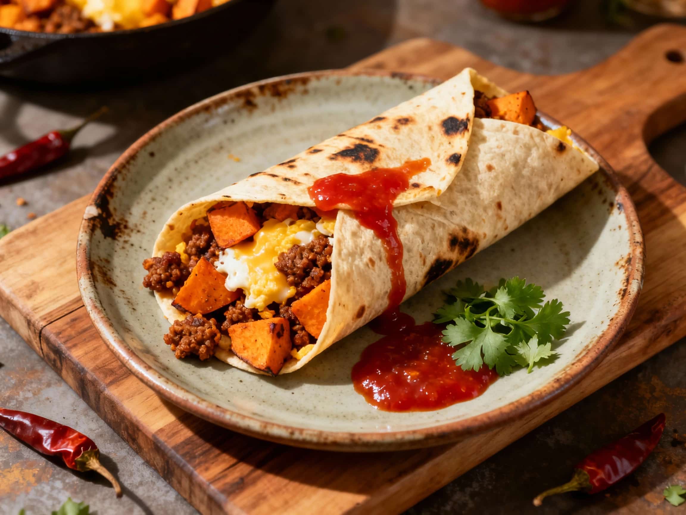 A golden-brown breakfast burrito, bursting with colorful chorizo and sweet potato, sits piled high with fresh cilantro and a dollop of cool sour cream.
