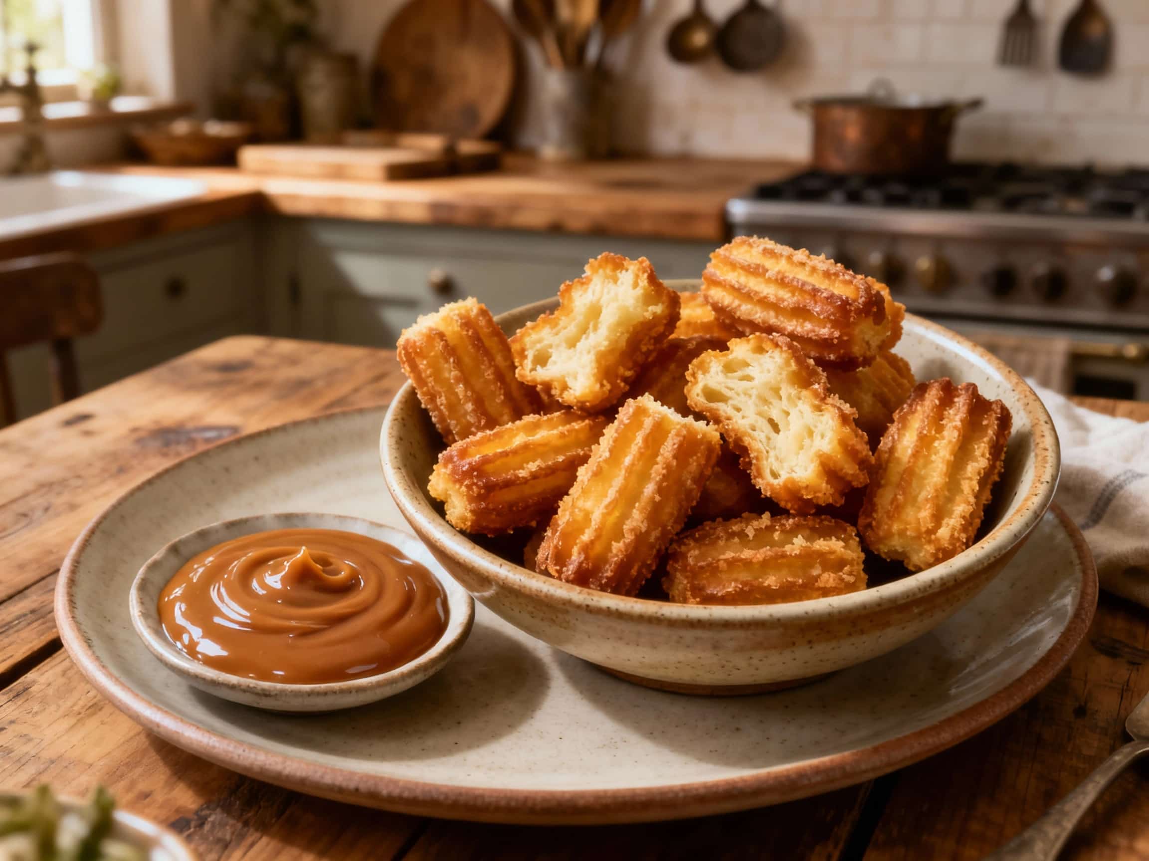 Warm, golden-brown churro bites dusted with cinnamon sugar are artfully arranged on a white plate, ready for dipping into a creamy caramel dulce de leche sauce.