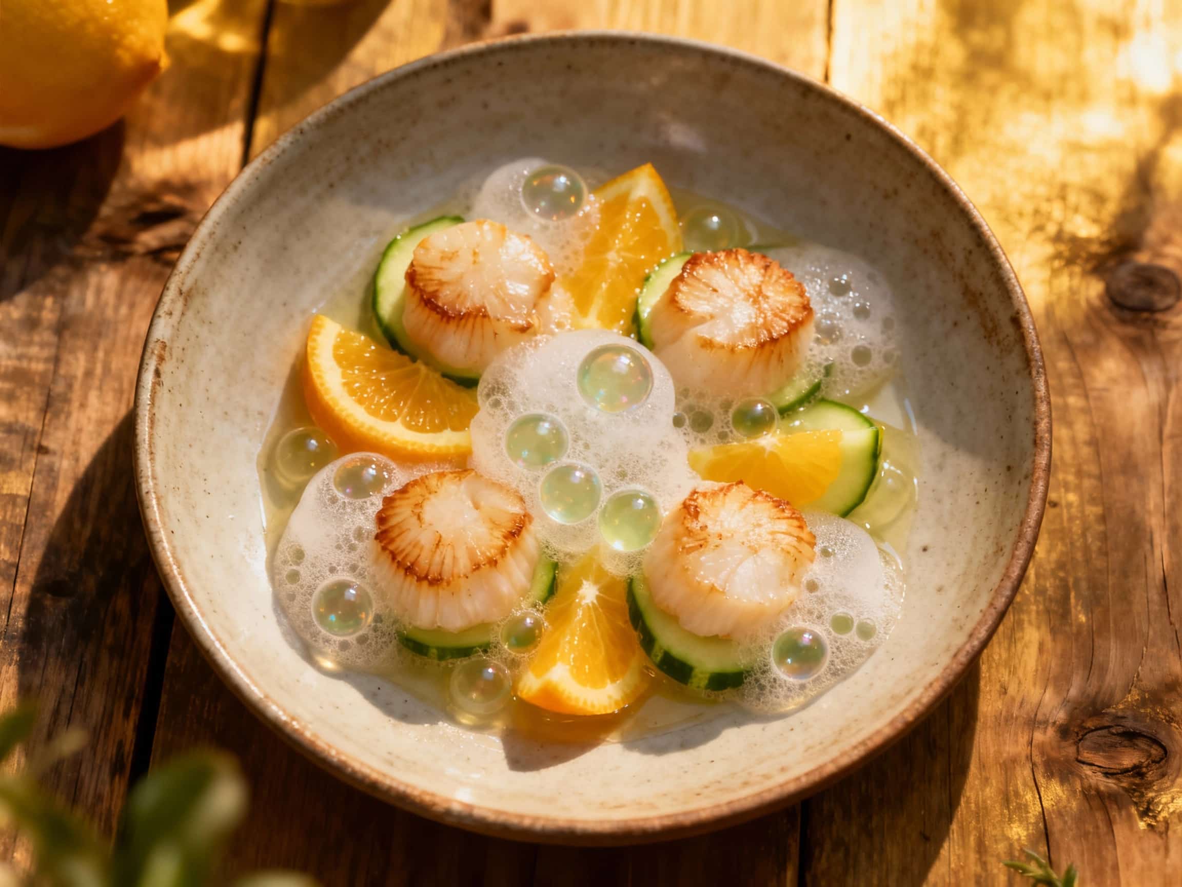 Seared scallops with a fluffy citrus foam and glistening green spheres of cucumber essence are artfully plated on a dark slate, creating a dish that is both elegant and refreshing.