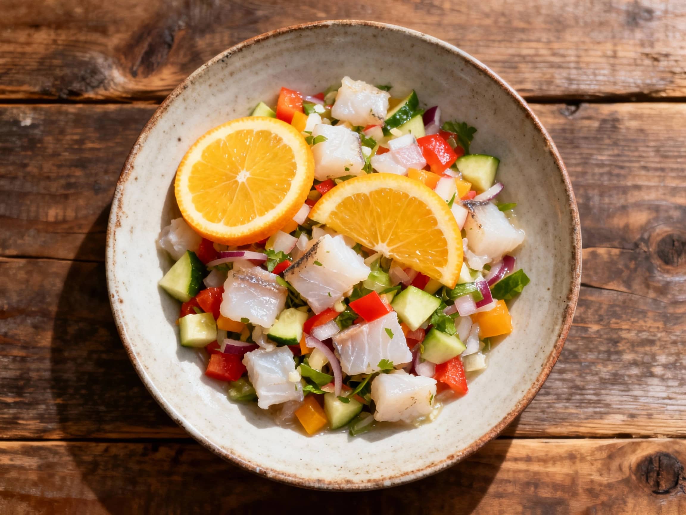 Vibrant citrus-cured sea bass ceviche is artfully arranged with jewel-toned bell peppers, red onion, and fresh cilantro, glistening under bright light in a shallow white bowl.