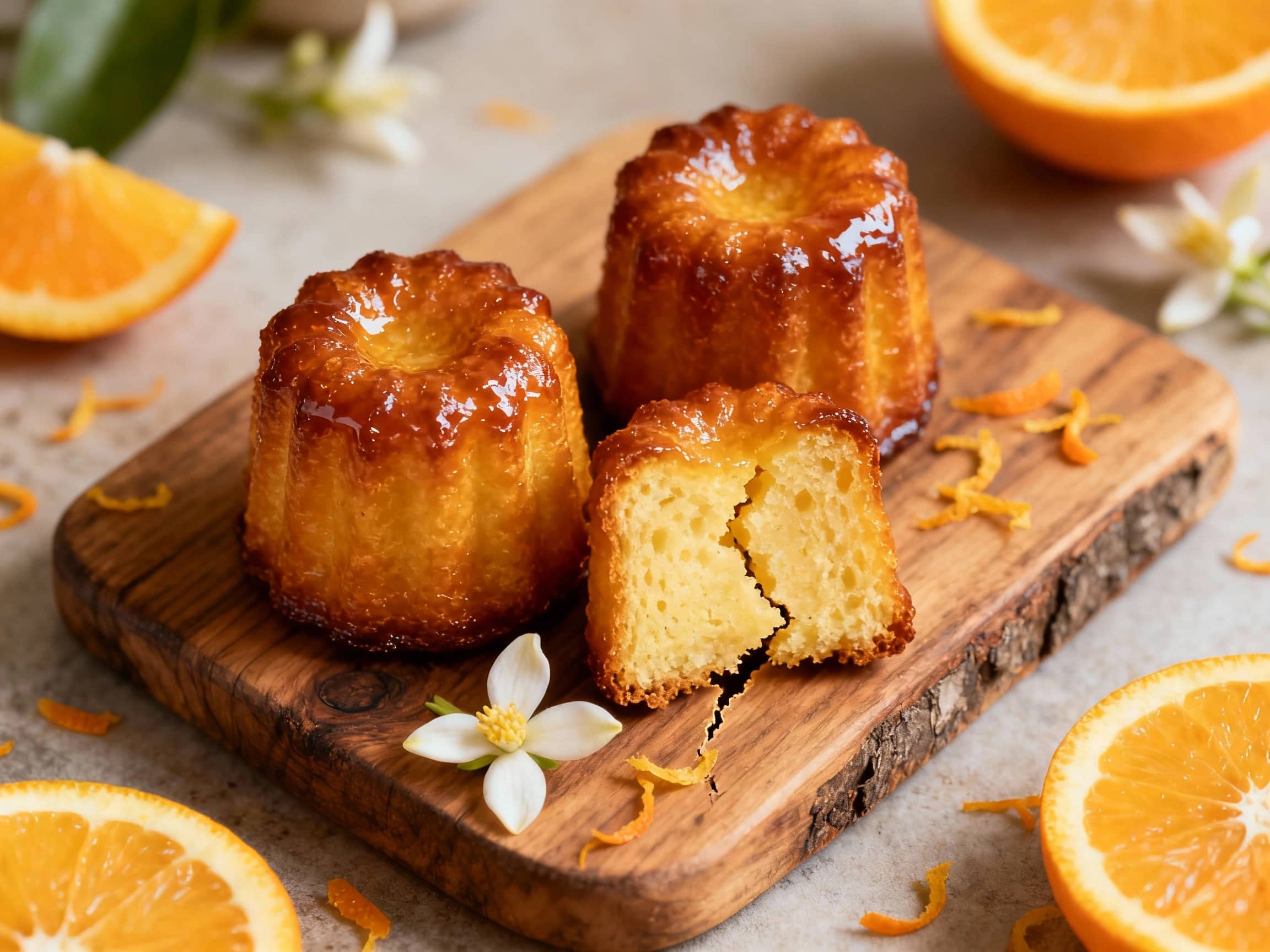 Golden-brown, caramelized cannelés sit in a neat circle on a rustic wooden board, dusted with powdered sugar that catches the soft light.