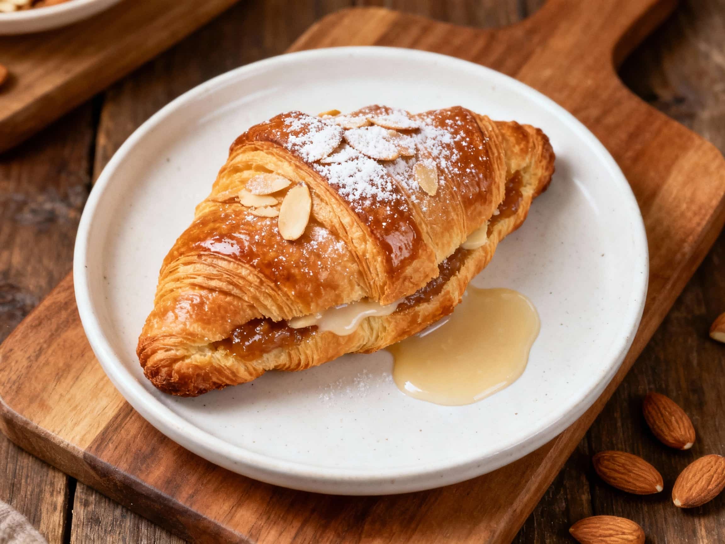 A golden-brown almond croissant, generously topped with flaked almonds and a dusting of powdered sugar, rests invitingly on a rustic wooden board.