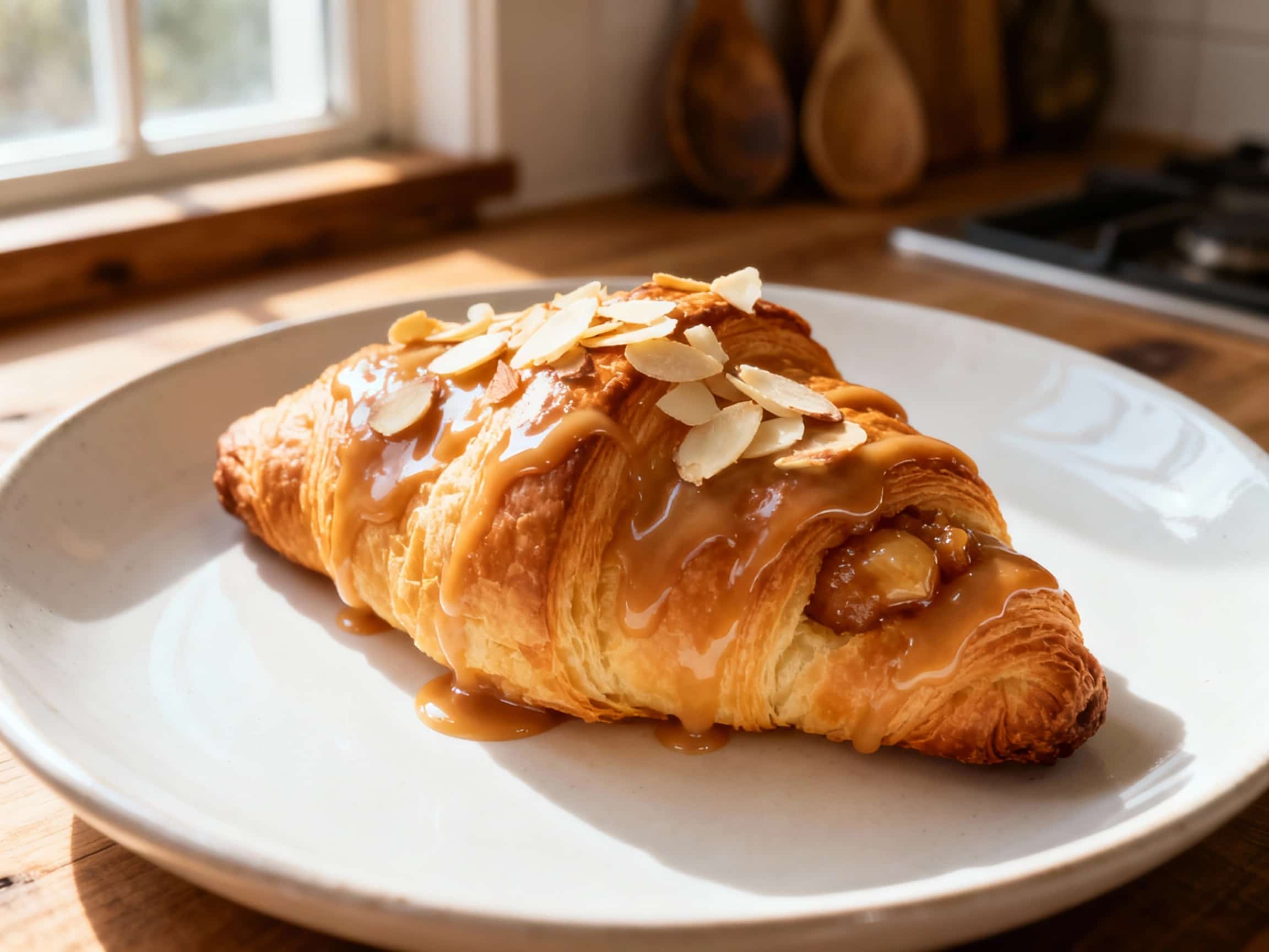 A golden-brown almond croissant, dusted with powdered sugar and lightly toasted almonds, sits invitingly on a rustic wooden board, evoking a warm, bakery-fresh feel.