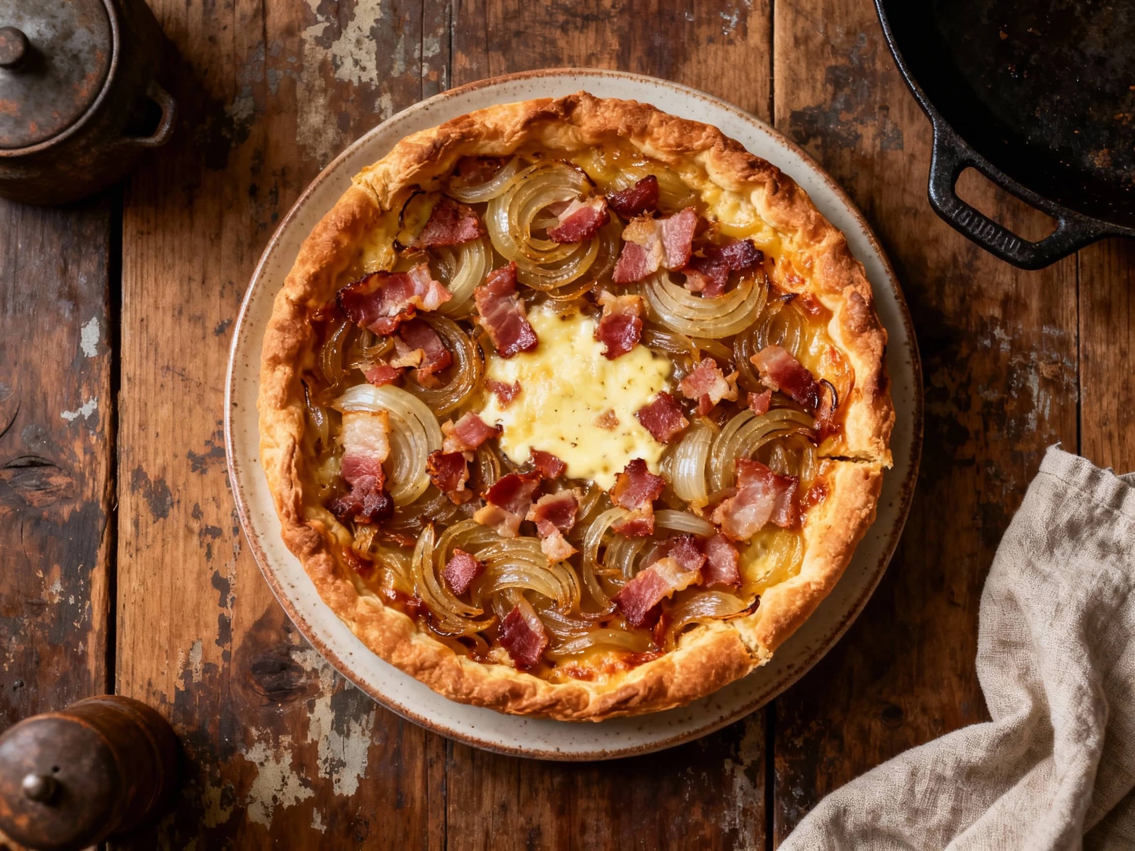 A golden-brown Alsatian onion and bacon tart rests on a rustic wooden board, its savory filling bubbling and topped with fresh parsley.