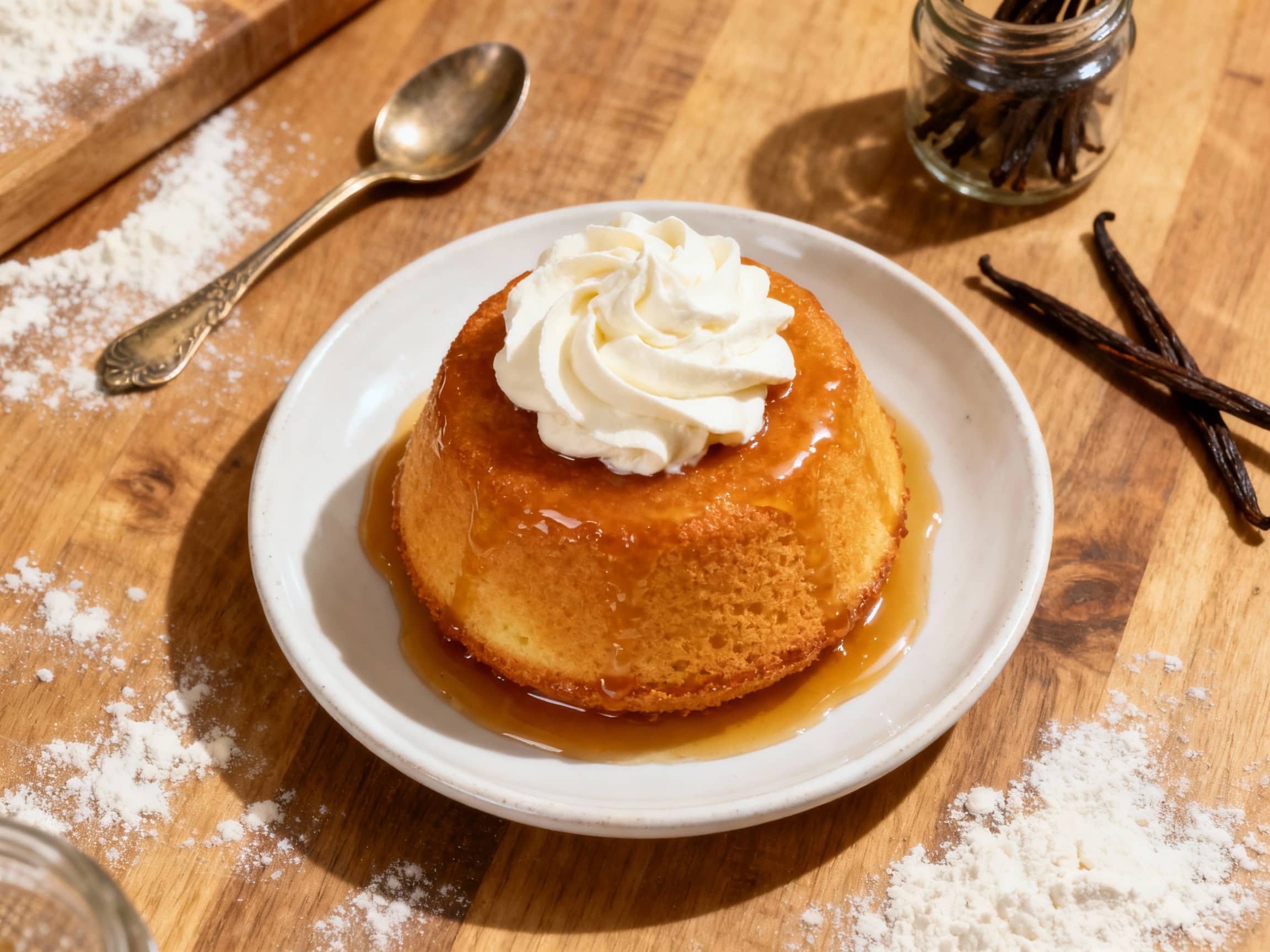 A golden, rum-soaked brioche cake with a shiny syrup glaze sits elegantly on a white dessert plate, topped with a generous dollop of fluffy vanilla bean Chantilly cream and a shower of finely grated zest.