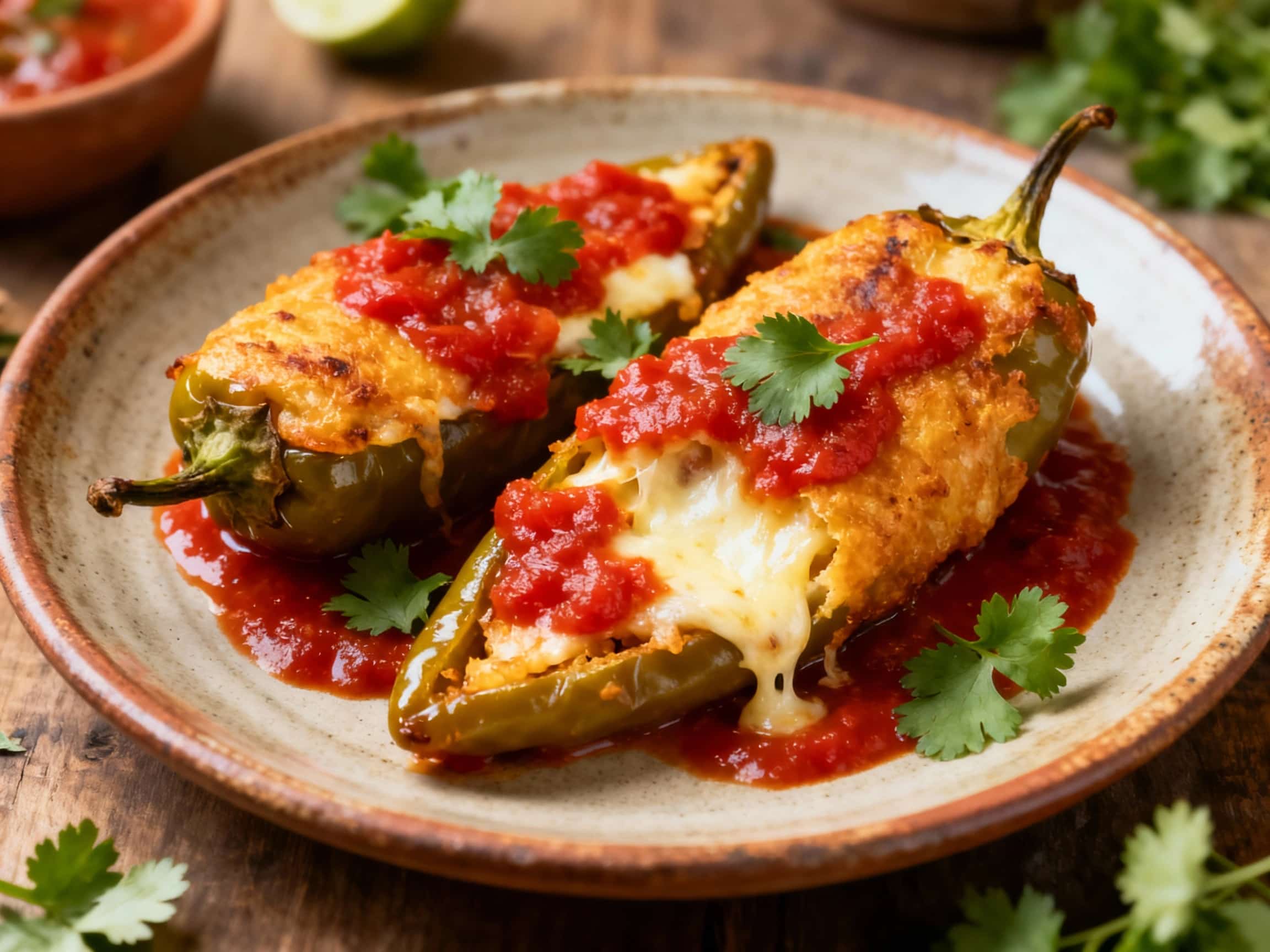 A golden-brown poblano pepper, stuffed with cheese and coated in a light batter, rests in a shallow bowl bathed in warm light, topped with a vibrant, chunky tomato sauce and a sprig of cilantro.