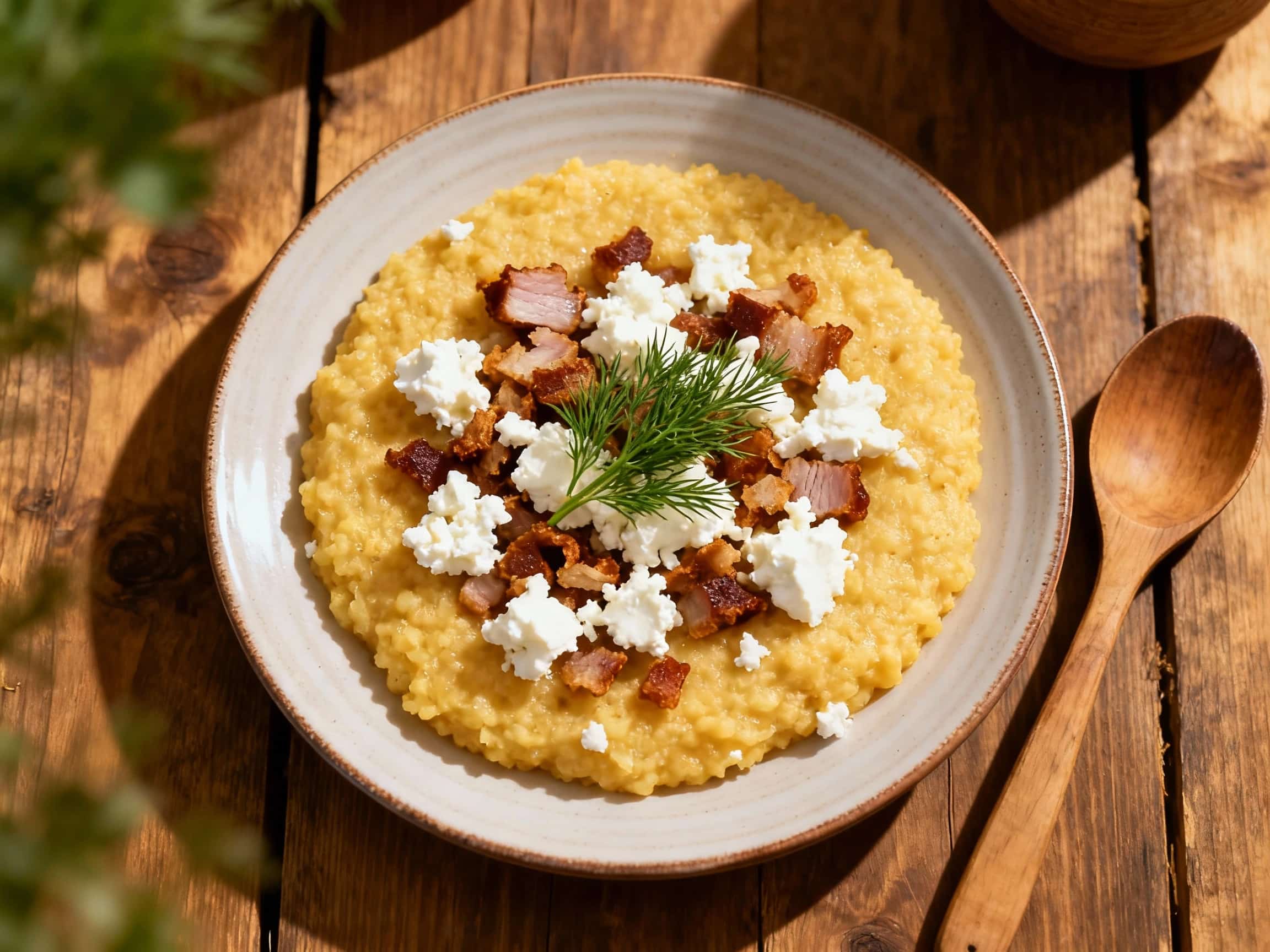 A rustic bowl of creamy, golden banush is generously topped with crumbled bryndza cheese and savory fried cracklings, served in a warm, dimly lit setting.