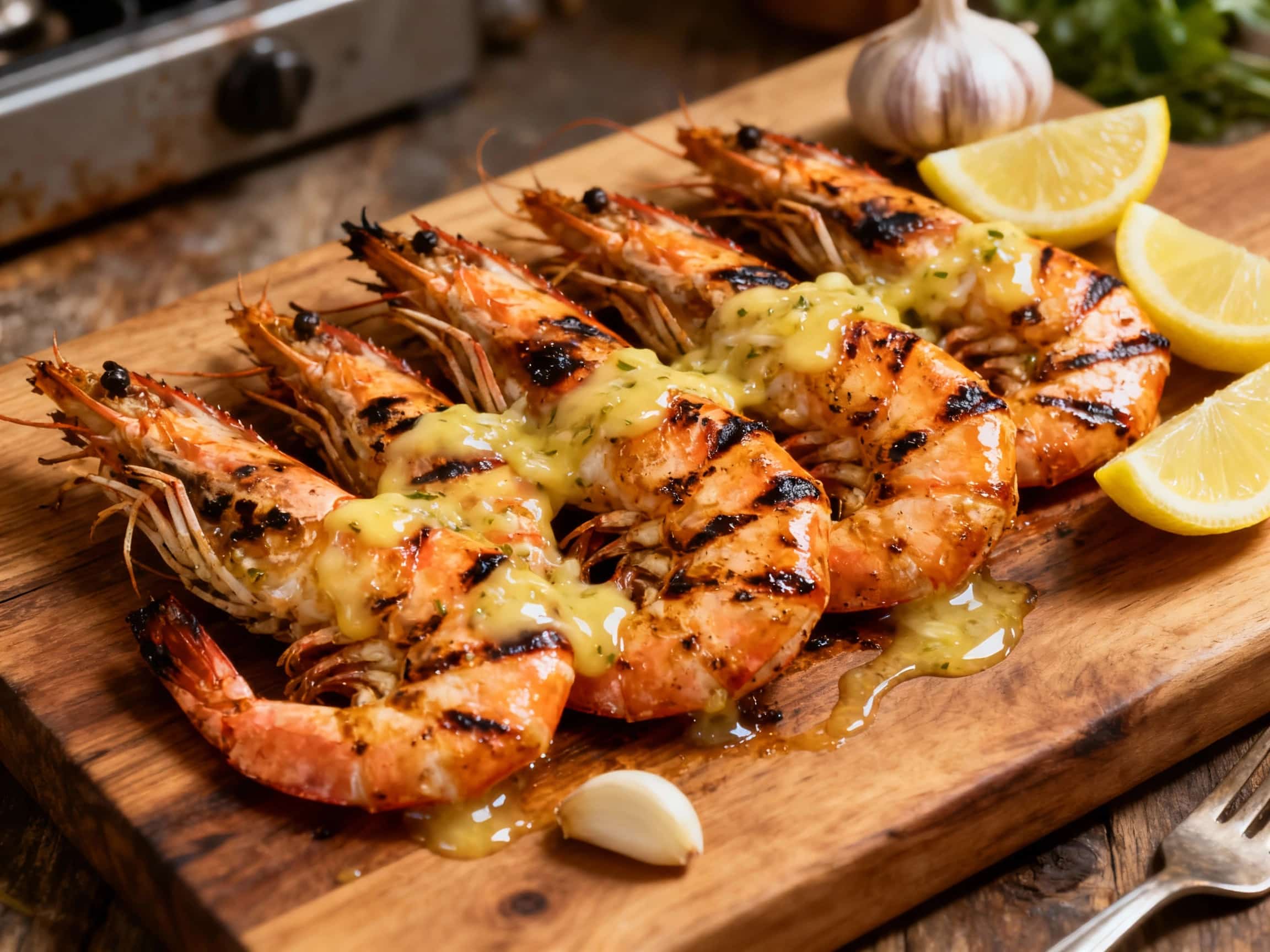 Juicy, grilled prawns are piled high on a white platter, glistening with lemon-garlic butter and sprinkled with fresh parsley, ready for a delicious summer meal.