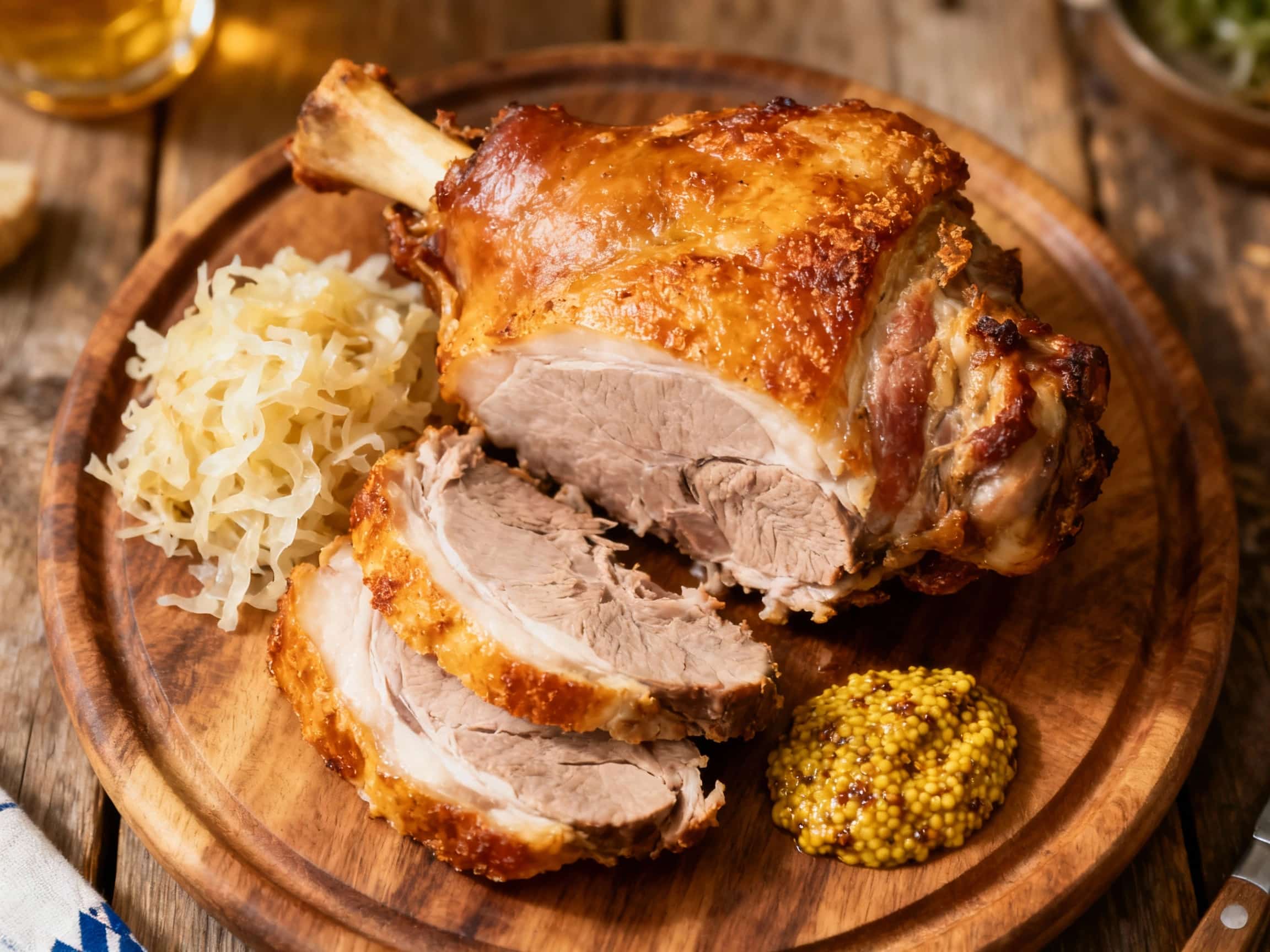 A golden-brown, crispy Bavarian pork knuckle, glistening with juices, sits proudly on a rustic wooden board, ready to be carved.