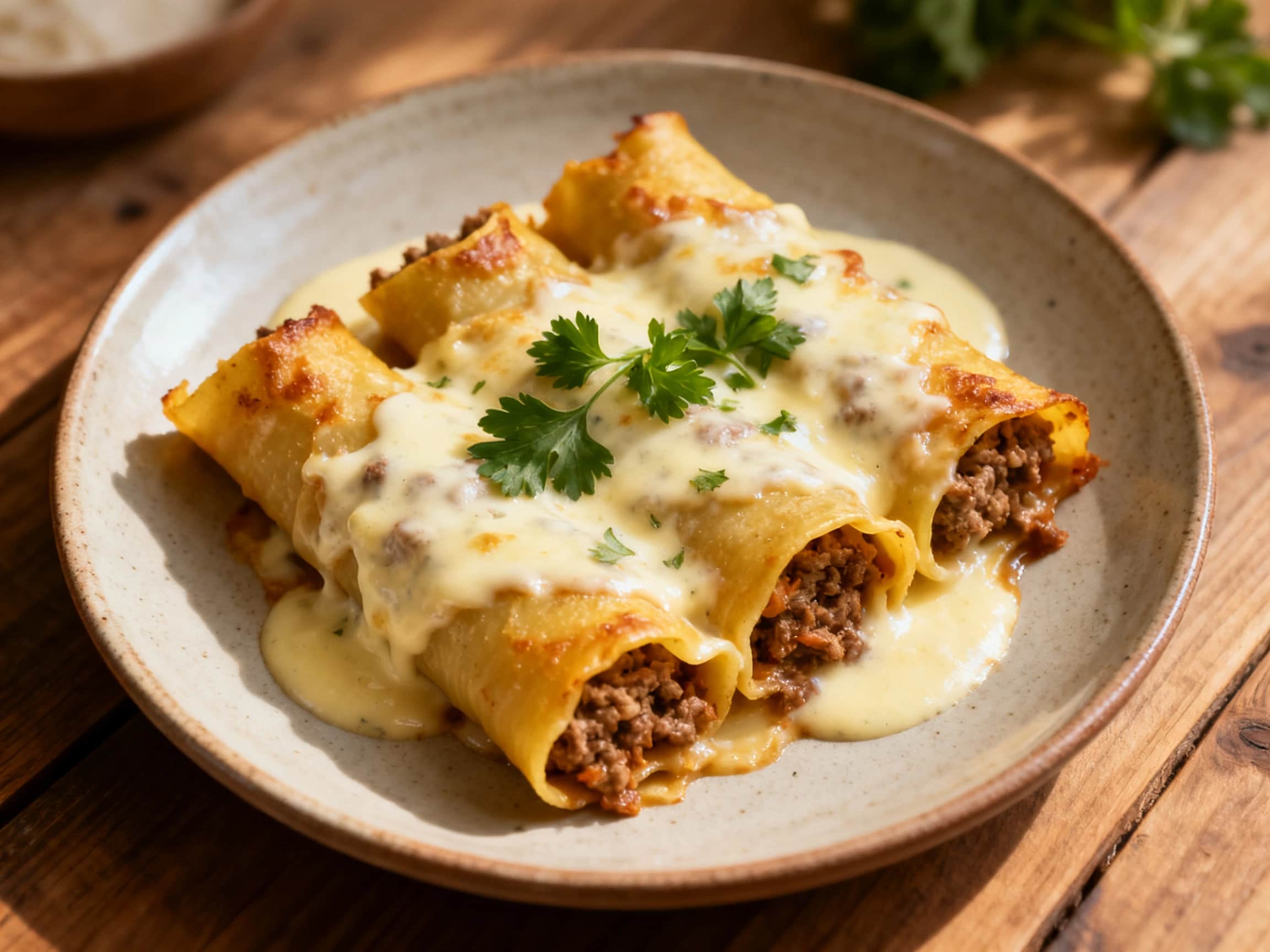 A close-up shot of bubbling, golden-brown Classic Beef and Pork Cannelloni fresh from the oven, showcasing the melted cheese and creamy béchamel sauce, ready to be served in a cozy, rustic Italian kitchen setting.