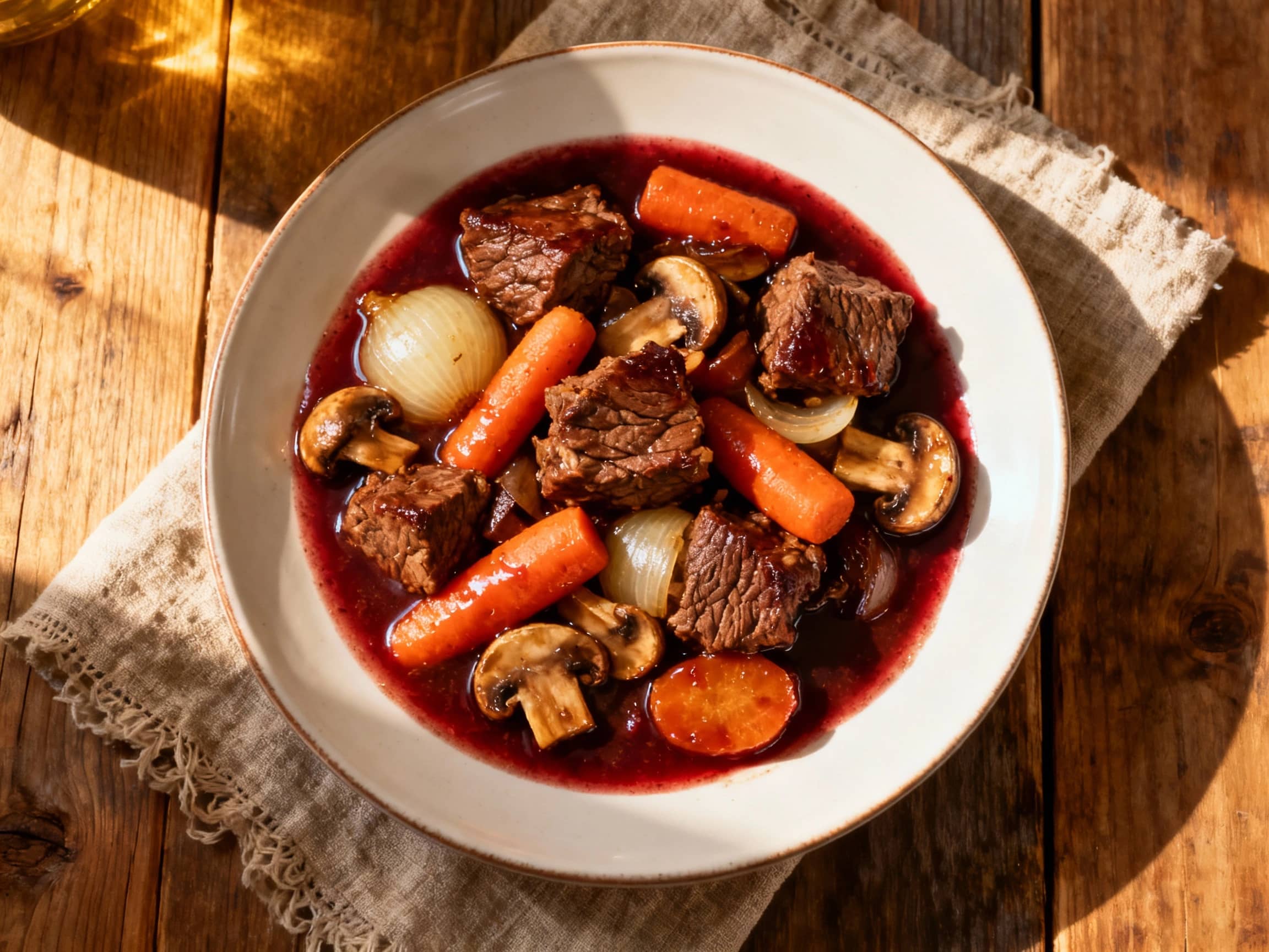 A rich, dark beef bourguignon simmers in a slow cooker, its glossy stew studded with tender chunks of beef, pearl onions, and mushrooms, ready to be served.