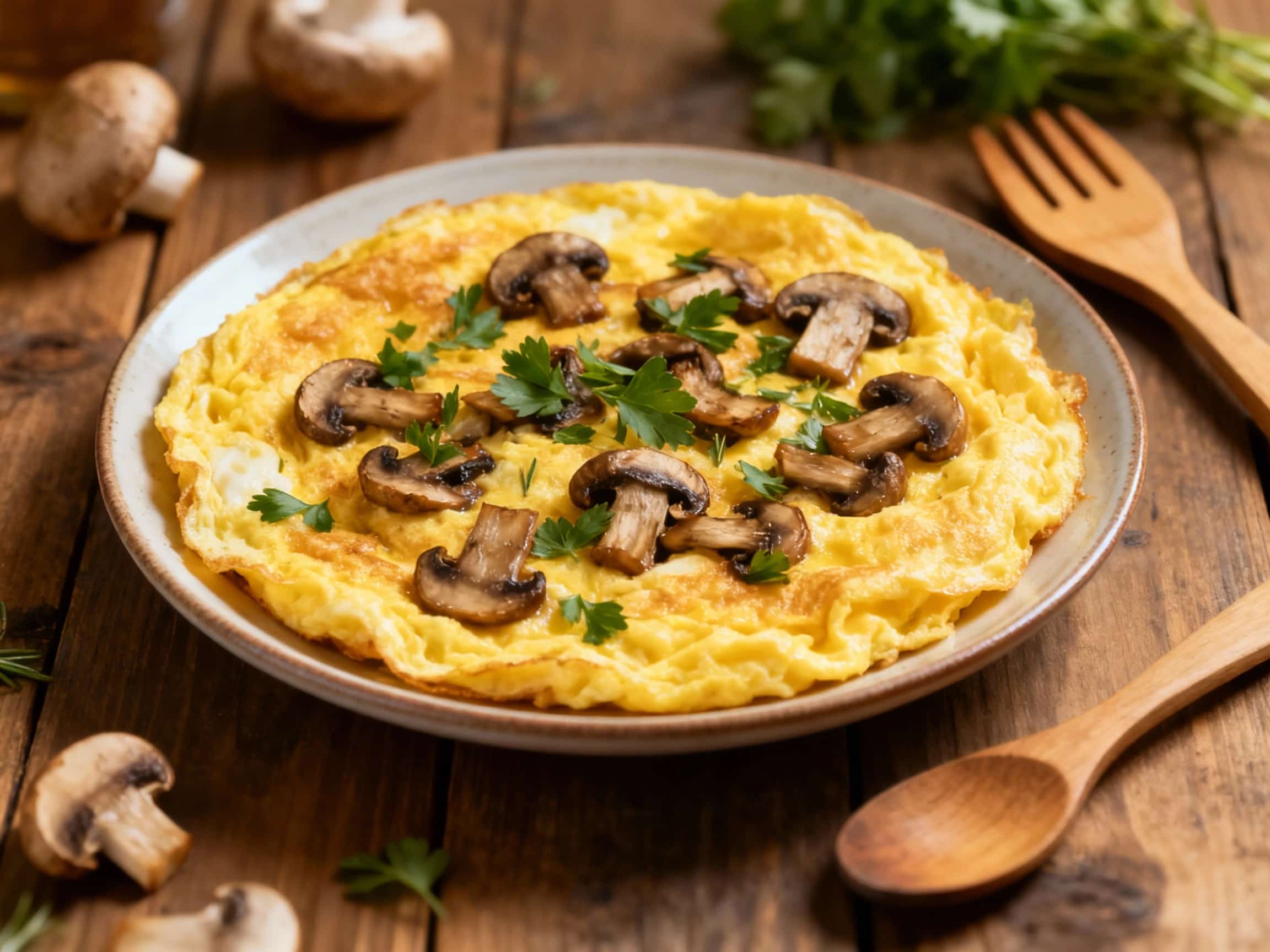 A fluffy, golden Belgian omelet cradles earthy forest mushrooms and fresh green herbs, plated beautifully for a rustic yet elegant breakfast.