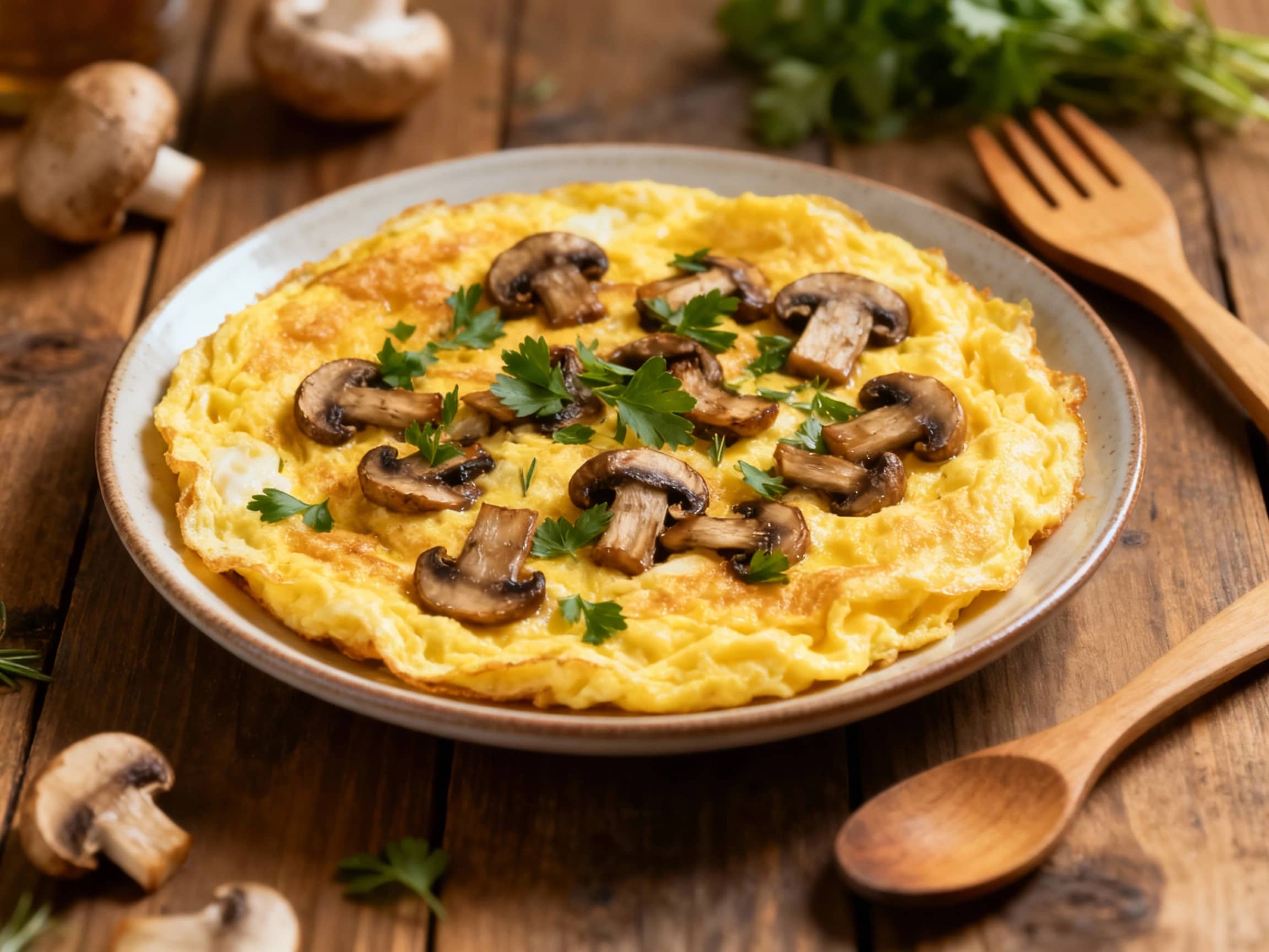 A fluffy, golden Belgian omelet cradles earthy forest mushrooms and fresh green herbs, plated beautifully for a rustic yet elegant breakfast.