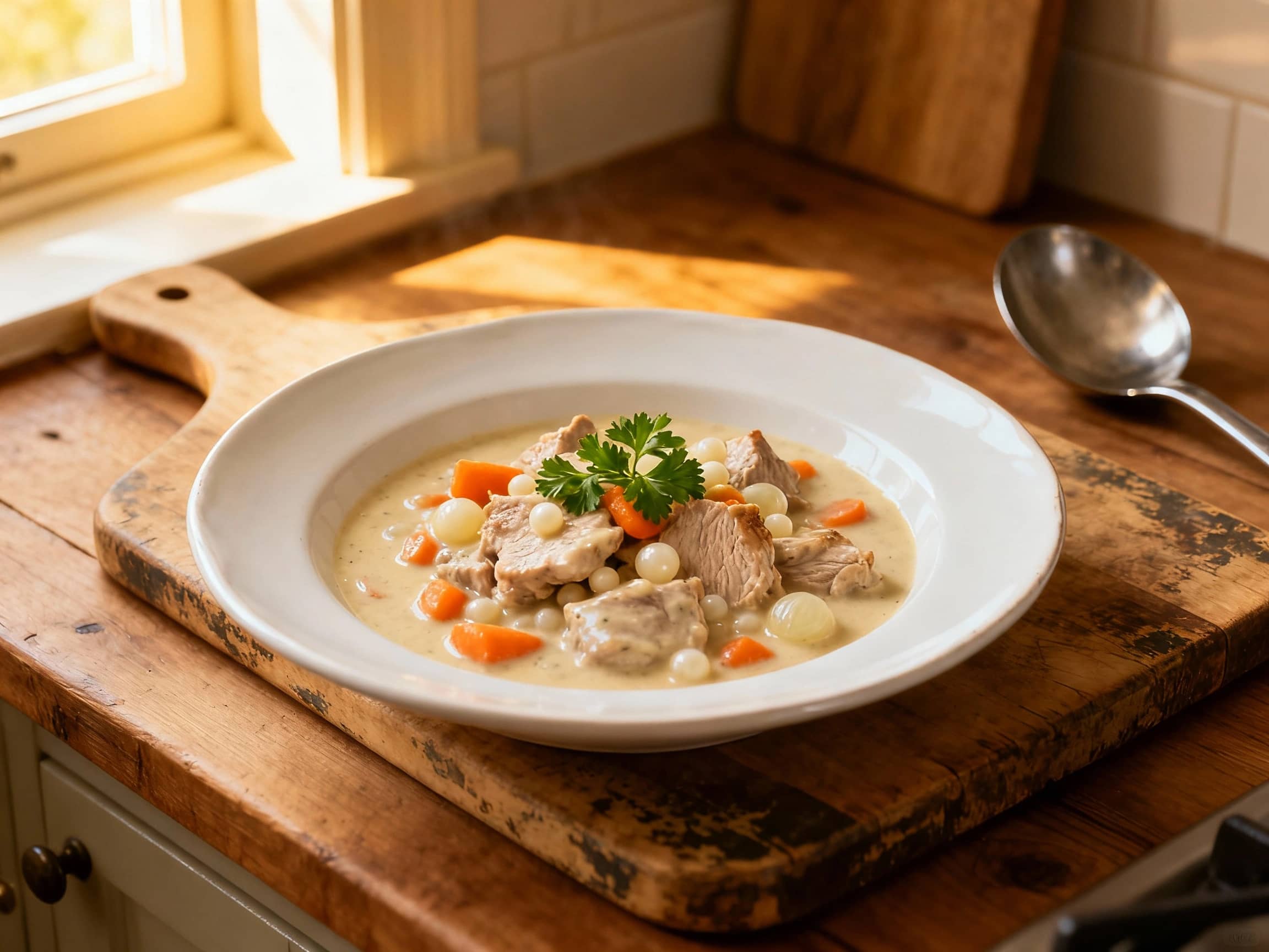 A creamy, pale stew of tender veal and vegetables sits in a white, shallow bowl, garnished with fresh parsley sprigs and subtle flecks of black pepper under warm, inviting lighting.