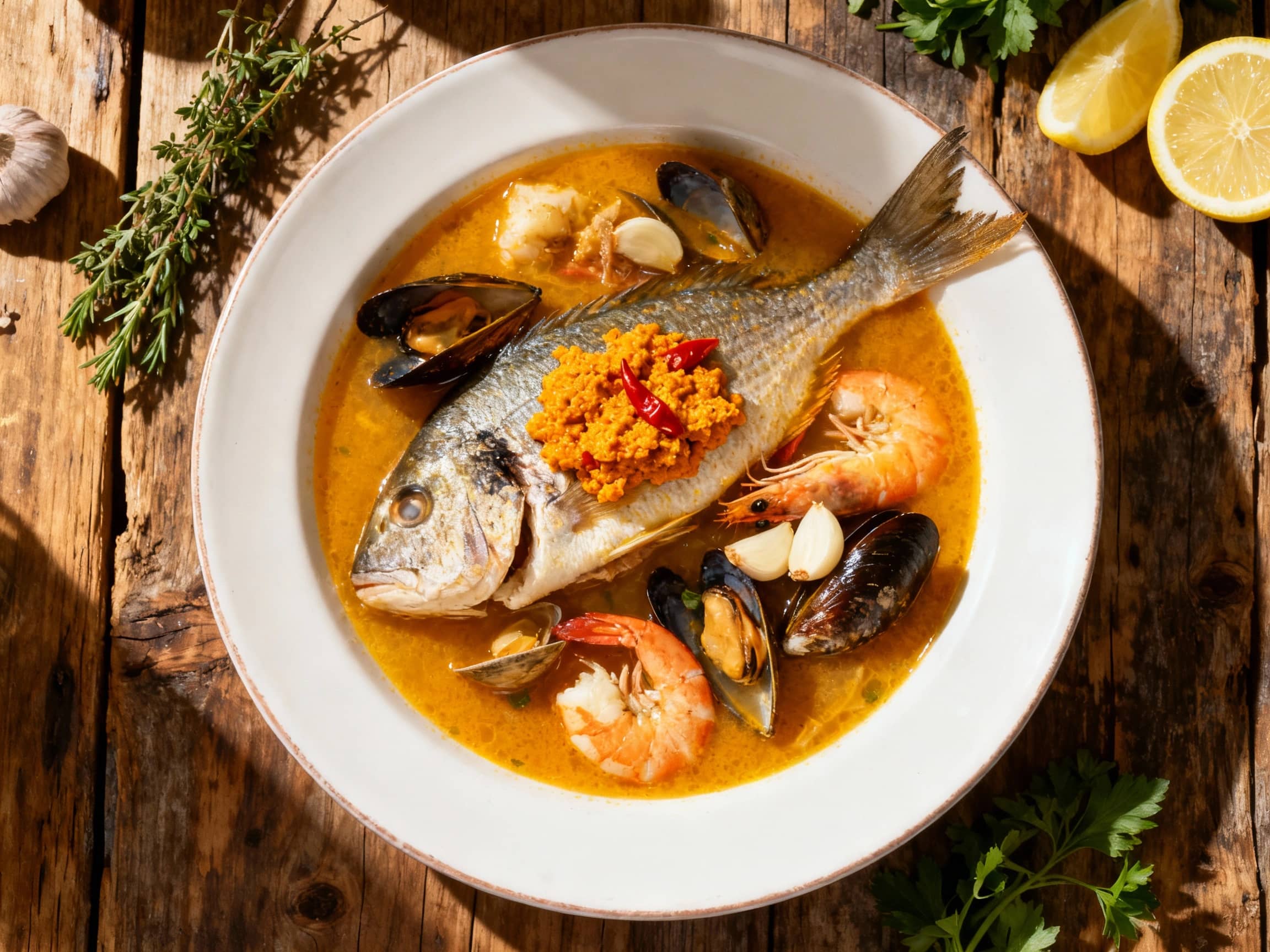 A steaming bowl of golden-orange bouillabaisse is filled with tender chunks of fish and shellfish, topped with a dollop of spicy rouille and fresh parsley.