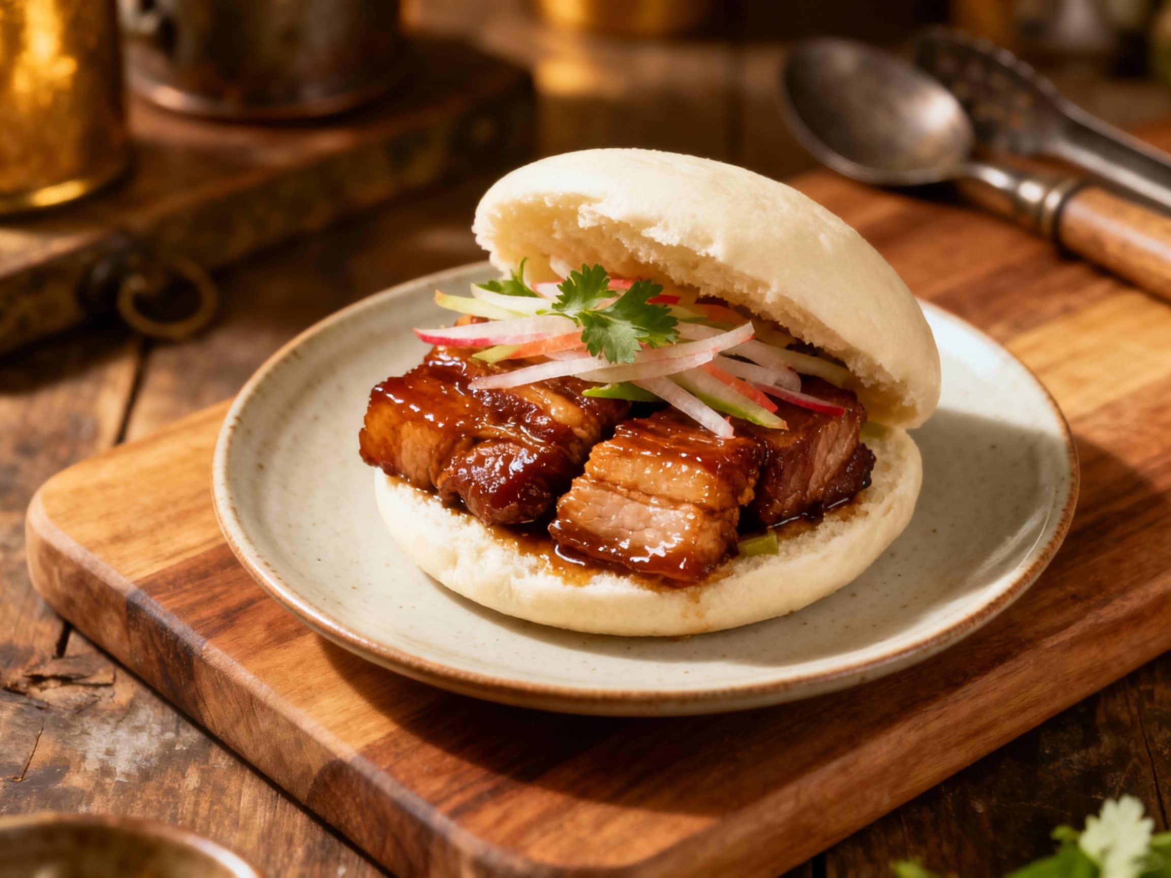 Fluffy steamed bao buns cradle meltingly tender, glistening braised pork belly, adorned with fresh cilantro and pickled vegetables for a delightful flavor contrast.