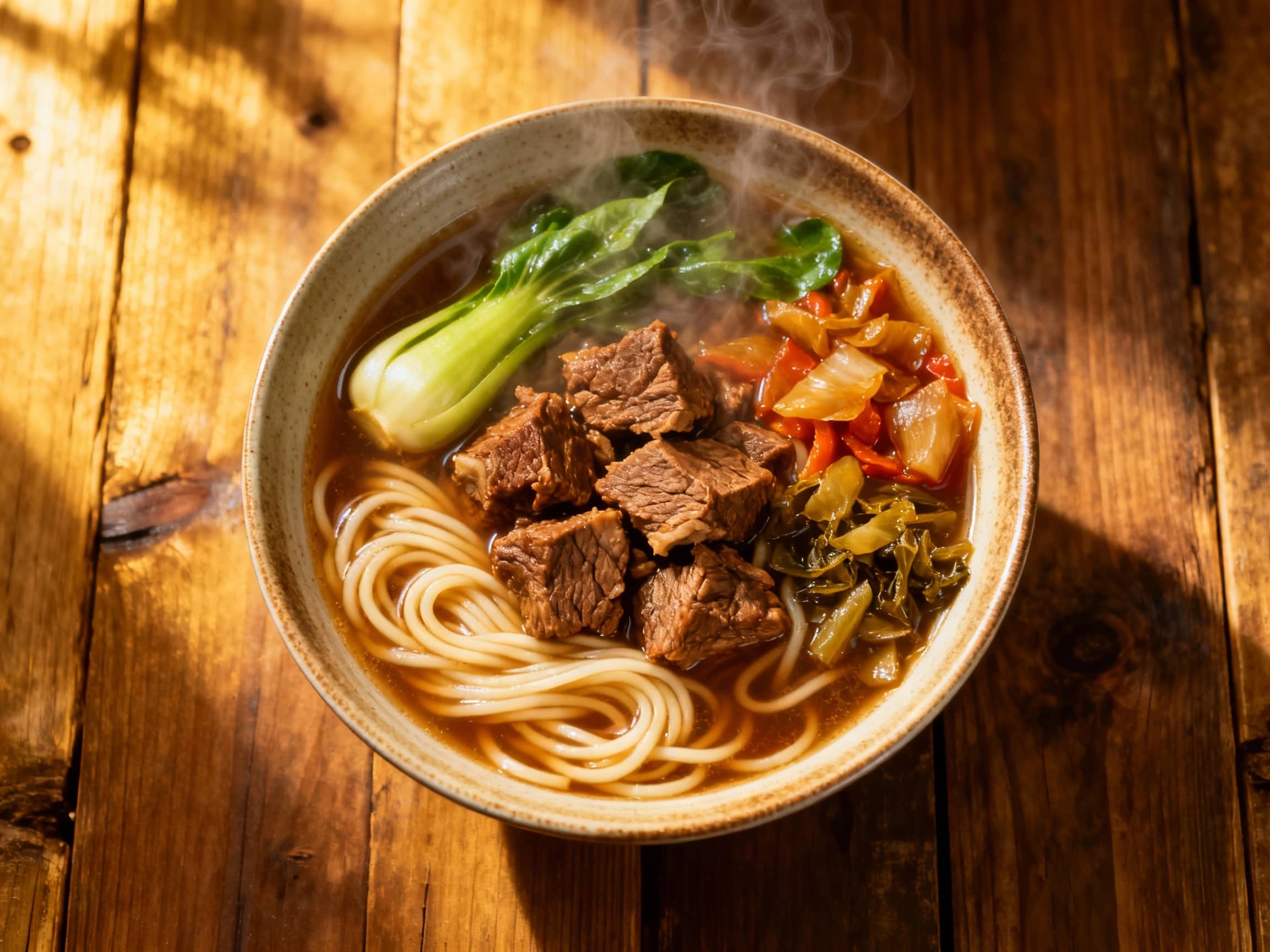 A steaming bowl of Taiwanese beef noodle soup, featuring tender braised beef chunks, chewy noodles, and vibrant green bok choy, all swimming in a rich, aromatic broth under soft lighting.