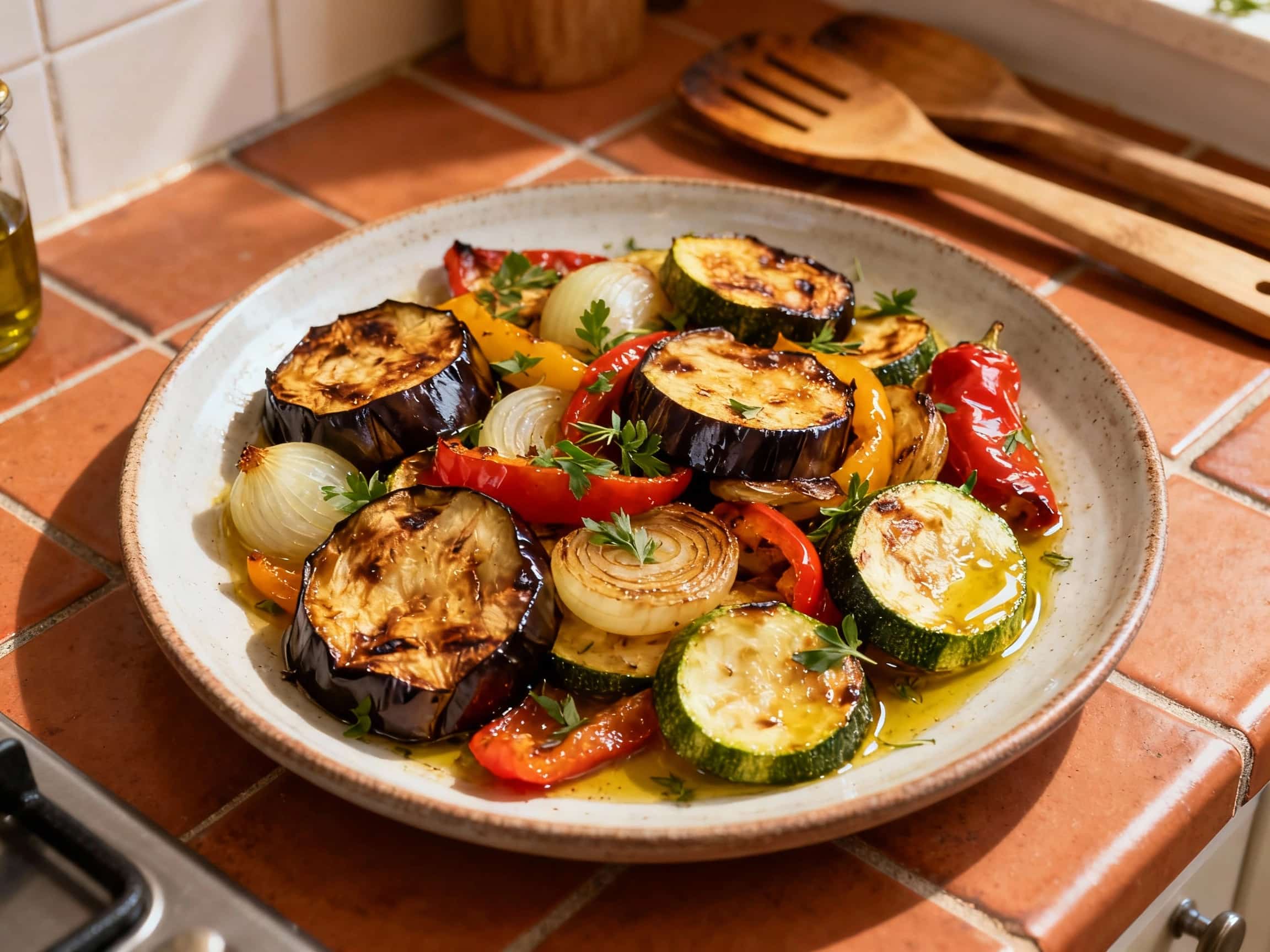 A rustic earthenware dish overflows with tender, caramelized roasted vegetables like zucchini, eggplant, potatoes, and tomatoes, glistening with olive oil and fresh herbs, served family-style.