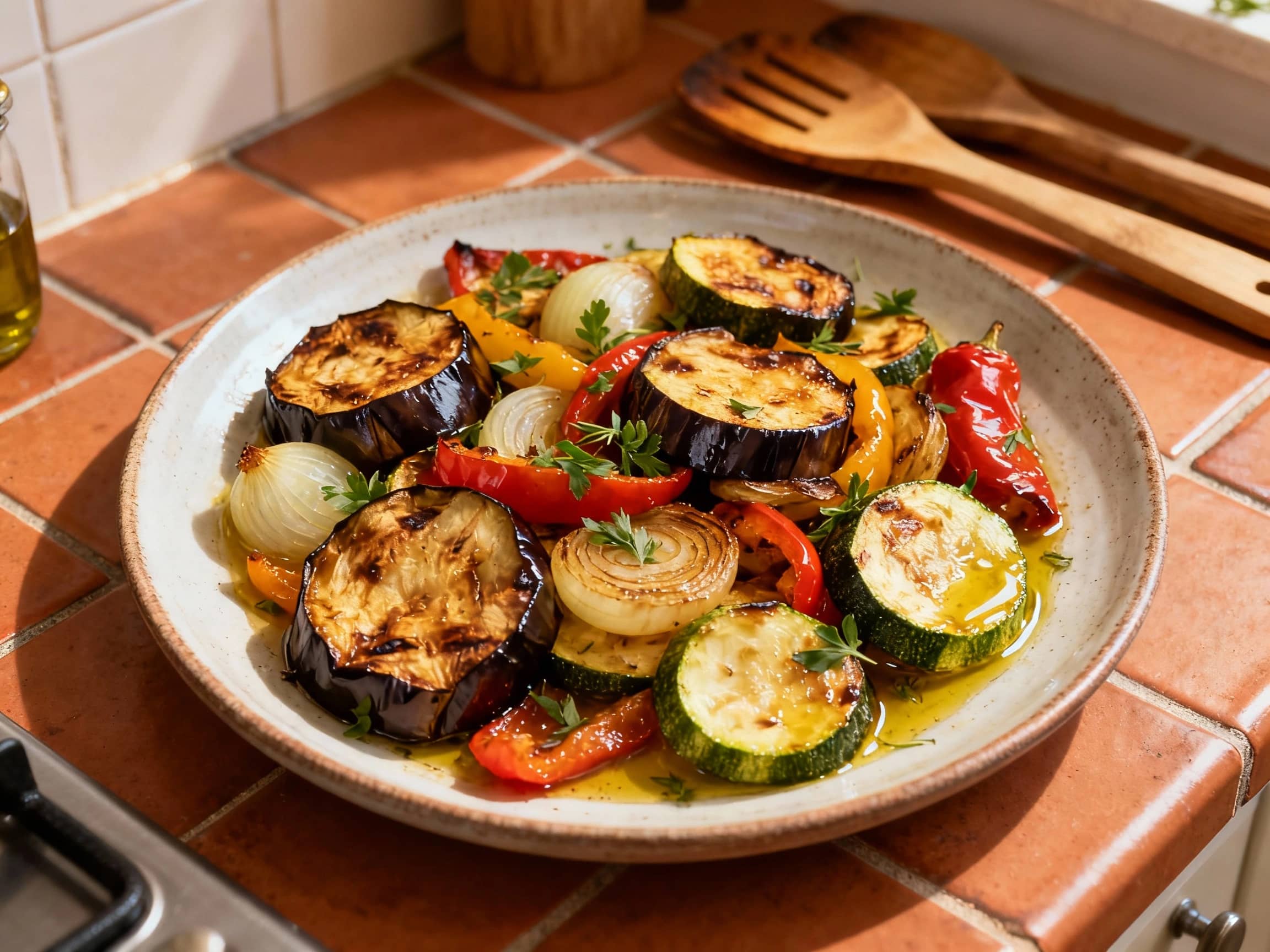 A rustic earthenware dish overflows with tender, caramelized roasted vegetables like zucchini, eggplant, potatoes, and tomatoes, glistening with olive oil and fresh herbs, served family-style.